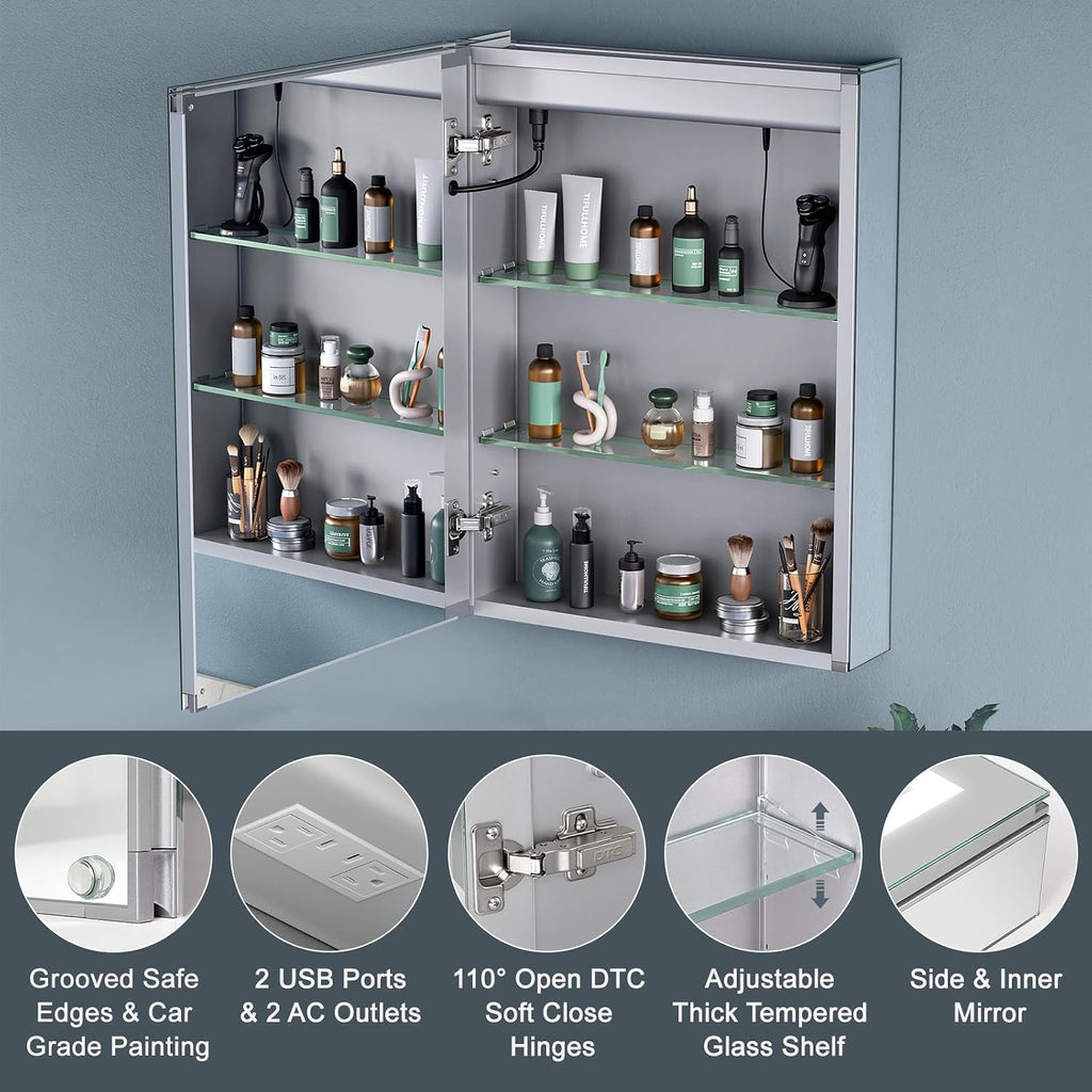 Medicine Cabinet with Lights, 16x24 inch, Only Hardwired, Anti-Fog/3 Colors/Dimmable, AL Alloy, 2 Outlets & USBs, ETL Listed, Wall Mount or Recessed Lighted Medicine Cabinet, Left Hinge