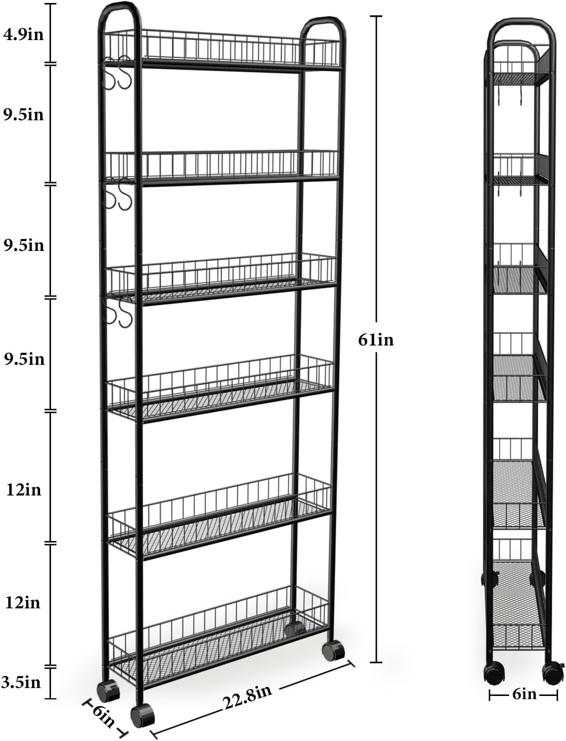 6in 6 Tier Slim Storage Cart with Wheels, Narrow Space Rolling Shelving Unit, Metal Wire Mobile Organizer Rack for Kitchen Bathroom Office Laundry
