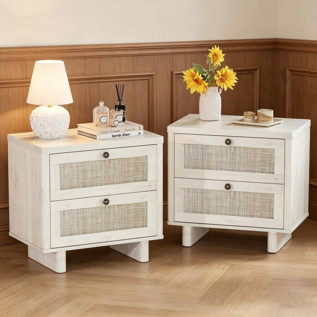 LAZZO White Nightstands Set of 2 with Rattan Drawers, Modern Bedside Table | 23.6 inch Night Stand with Large Storage Space for Bedroom Living Room Office, White Oak Texture, 4 Vintage Brass Handles