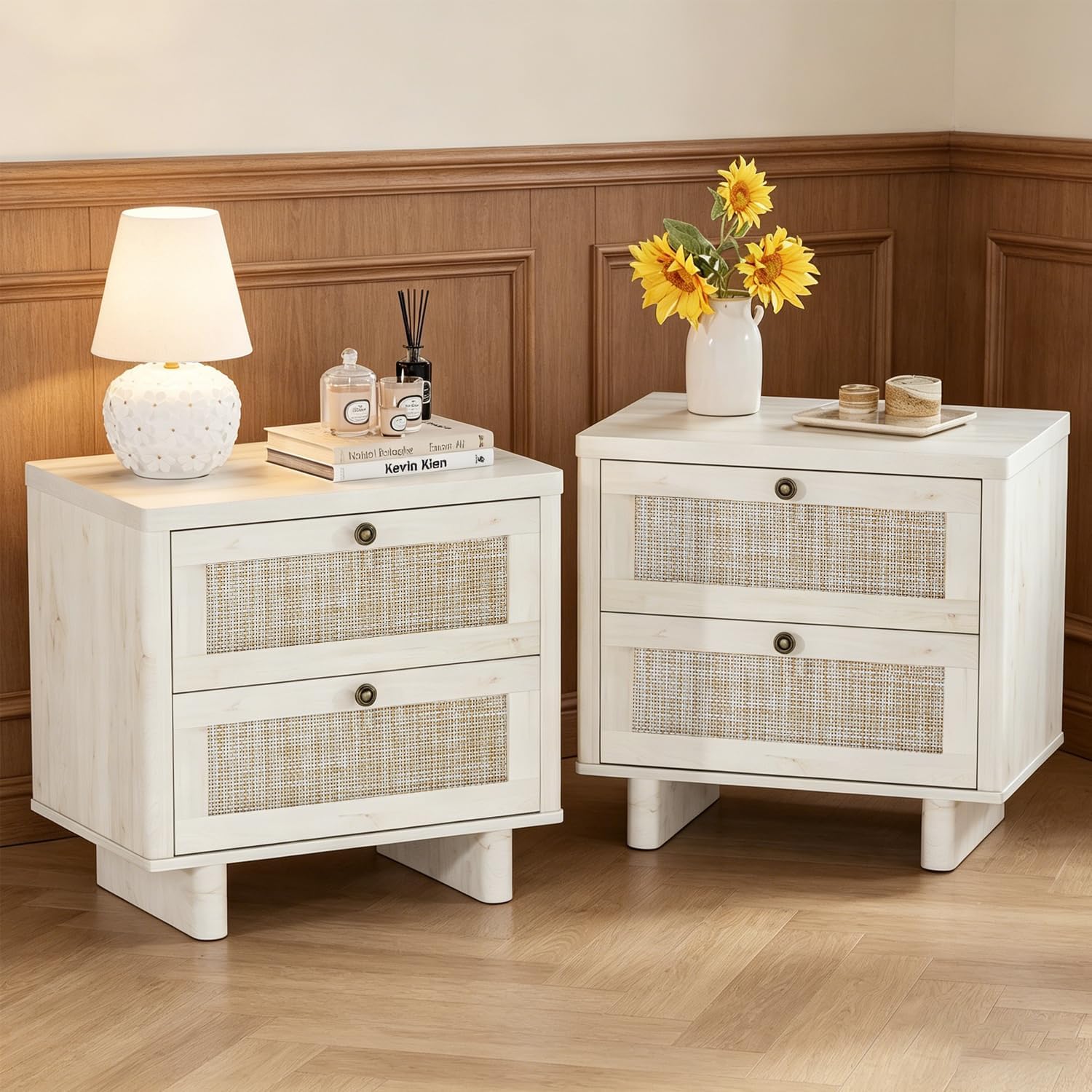 LAZZO White Nightstands Set of 2 with Rattan Drawers, Modern Bedside Table | 23.6 inch Night Stand with Large Storage Space for Bedroom Living Room Office, White Oak Texture, 4 Vintage Brass Handles