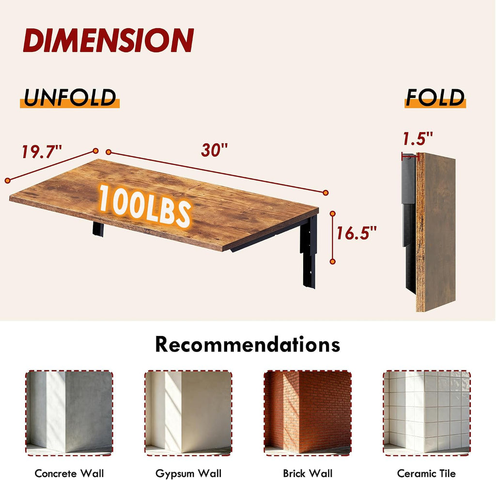 Need Wall Mounted Folding Table - Heavy Duty Small Fold Down Dining Table Length 30" Width 20" Perfect Addition to Home Office/Laundry/Home Bar/Kitchen & Dining Room Rustic Brown AC15-7650FG-ND