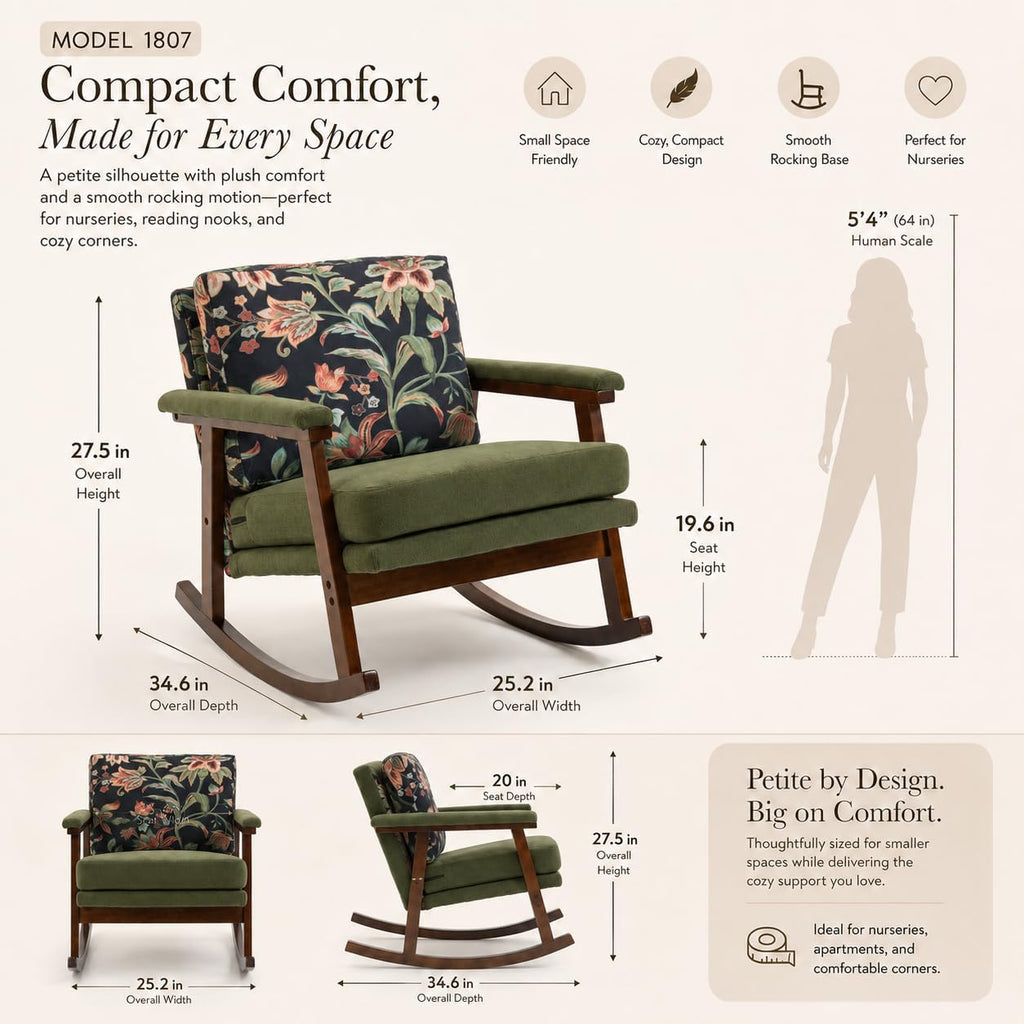 Nursery Rocking Chair, Compact Upholstered Rocker with Solid Wood Legs, Cozy Nursing Glider Chair for Mom, Small Space Chair for Nursery, Bedroom (Olive Green Floral)