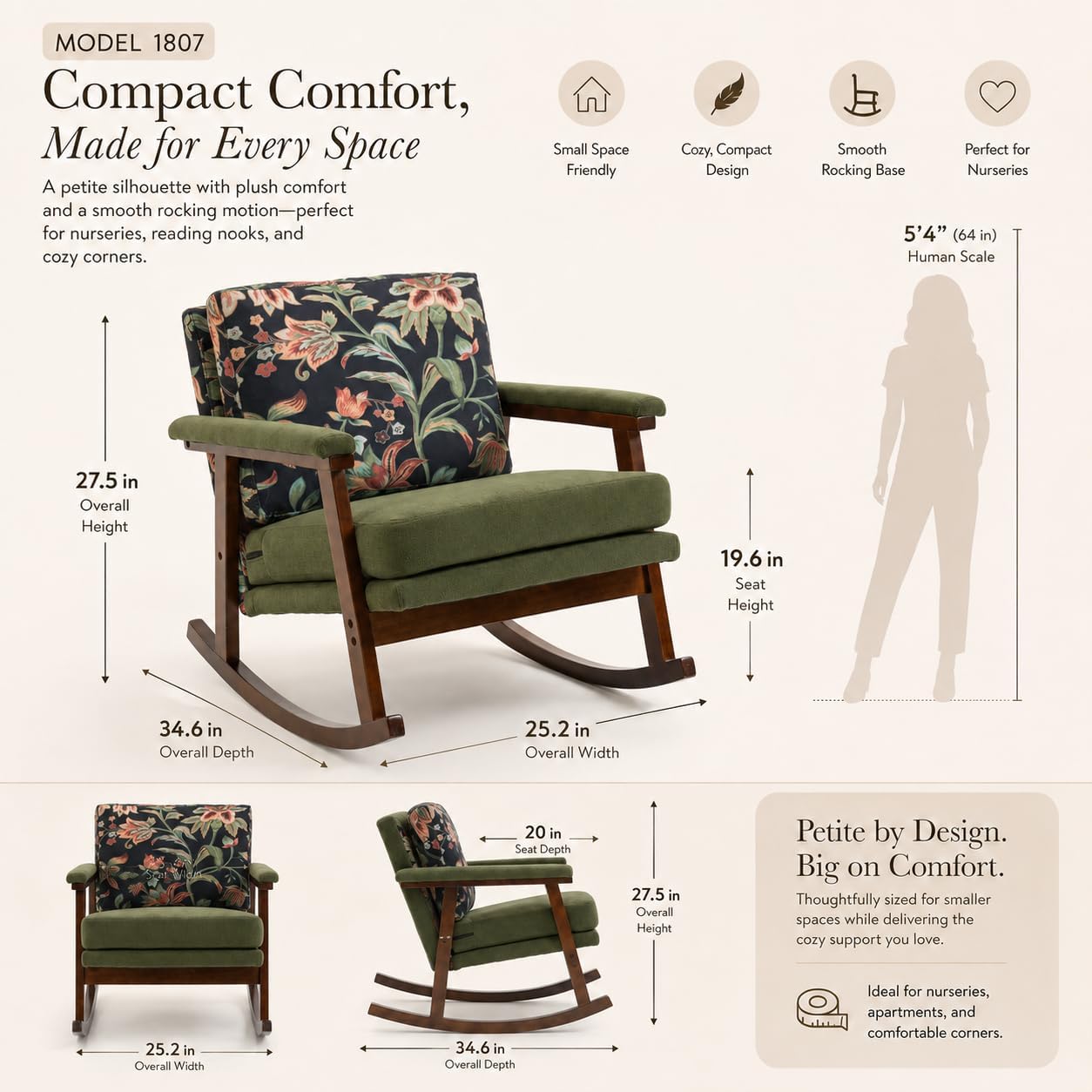 Nursery Rocking Chair, Compact Upholstered Rocker with Solid Wood Legs, Cozy Nursing Glider Chair for Mom, Small Space Chair for Nursery, Bedroom (Olive Green Floral)