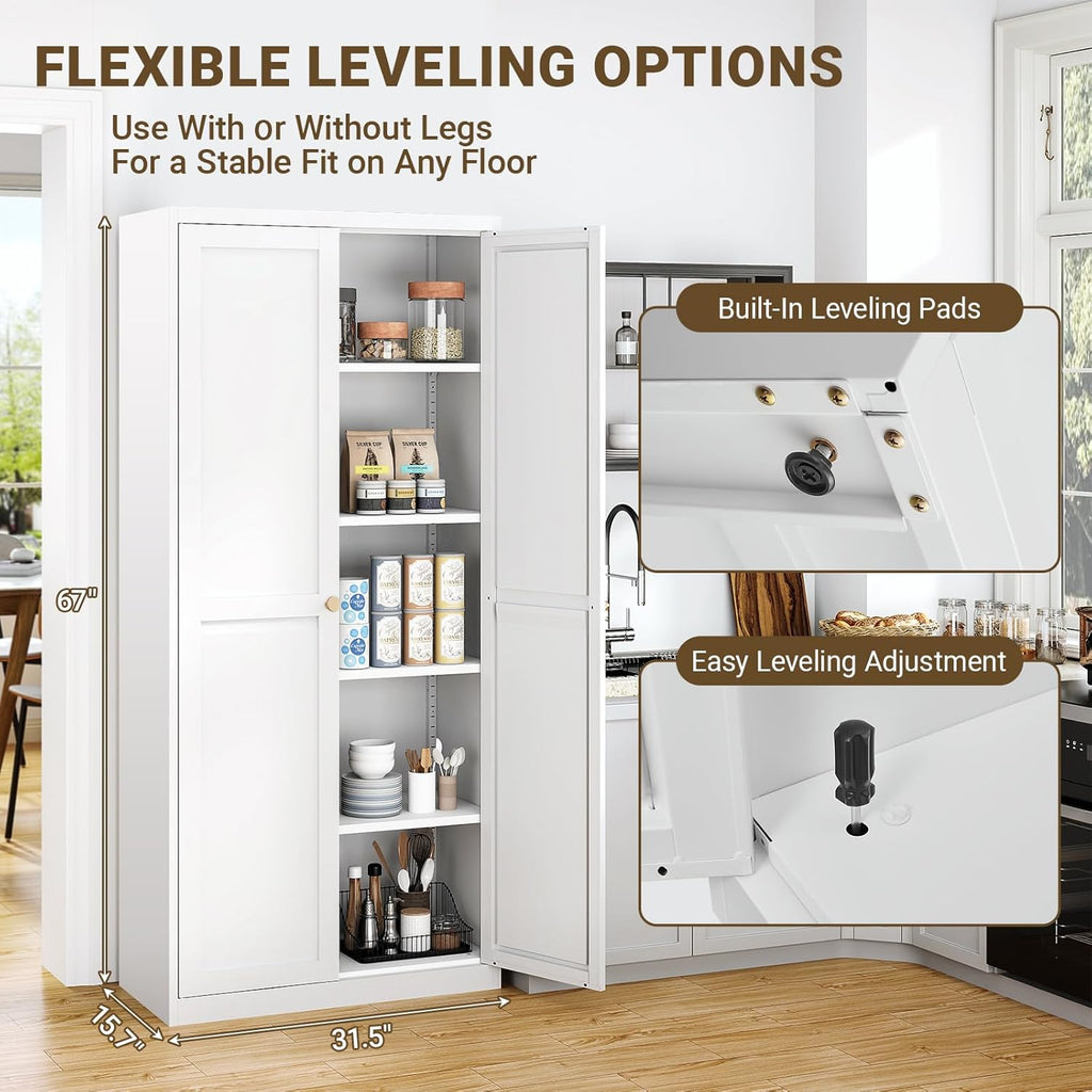 71" Tall Metal Kitchen Pantry Cabinet, Freestanding Steel Storage Cabinet with Doors, 4 Adjustable Shelves, for Dining Room, White