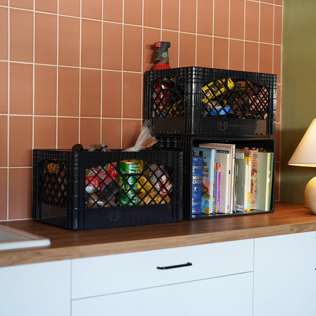 Stackable Milk Crates, 3 Pack, Kitchen Work Commercial Garage Totes, 24 Quart, Heavy Duty Plastic, Black, 19" L x 13" W 11" H