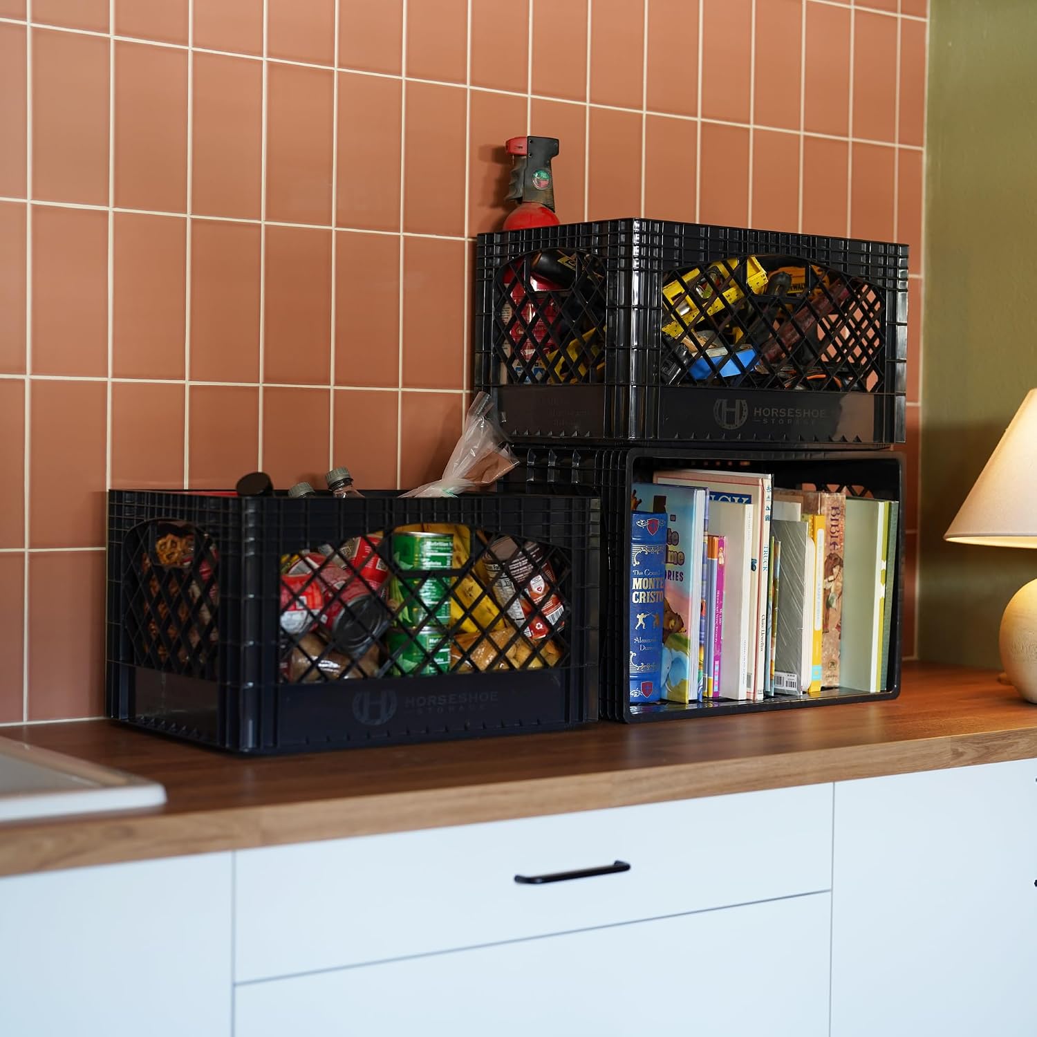Stackable Milk Crates, 3 Pack, Kitchen Work Commercial Garage Totes, 24 Quart, Heavy Duty Plastic, Black, 19" L x 13" W 11" H