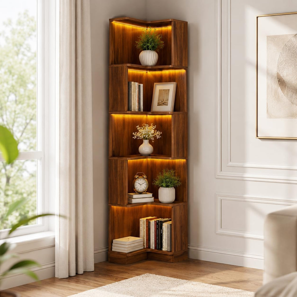 ODC 5-Tier Corner Bookshelf with LED Lights, Freestanding L-Shaped Corner Bookcase with Baffles, Wood Tall Corner Display Shelf Stand for Living Room, Study Room, Home Office - Walnut