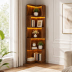 ODC 5-Tier Corner Bookshelf with LED Lights, Freestanding L-Shaped Corner Bookcase with Baffles, Wood Tall Corner Display Shelf Stand for Living Room, Study Room, Home Office - Walnut