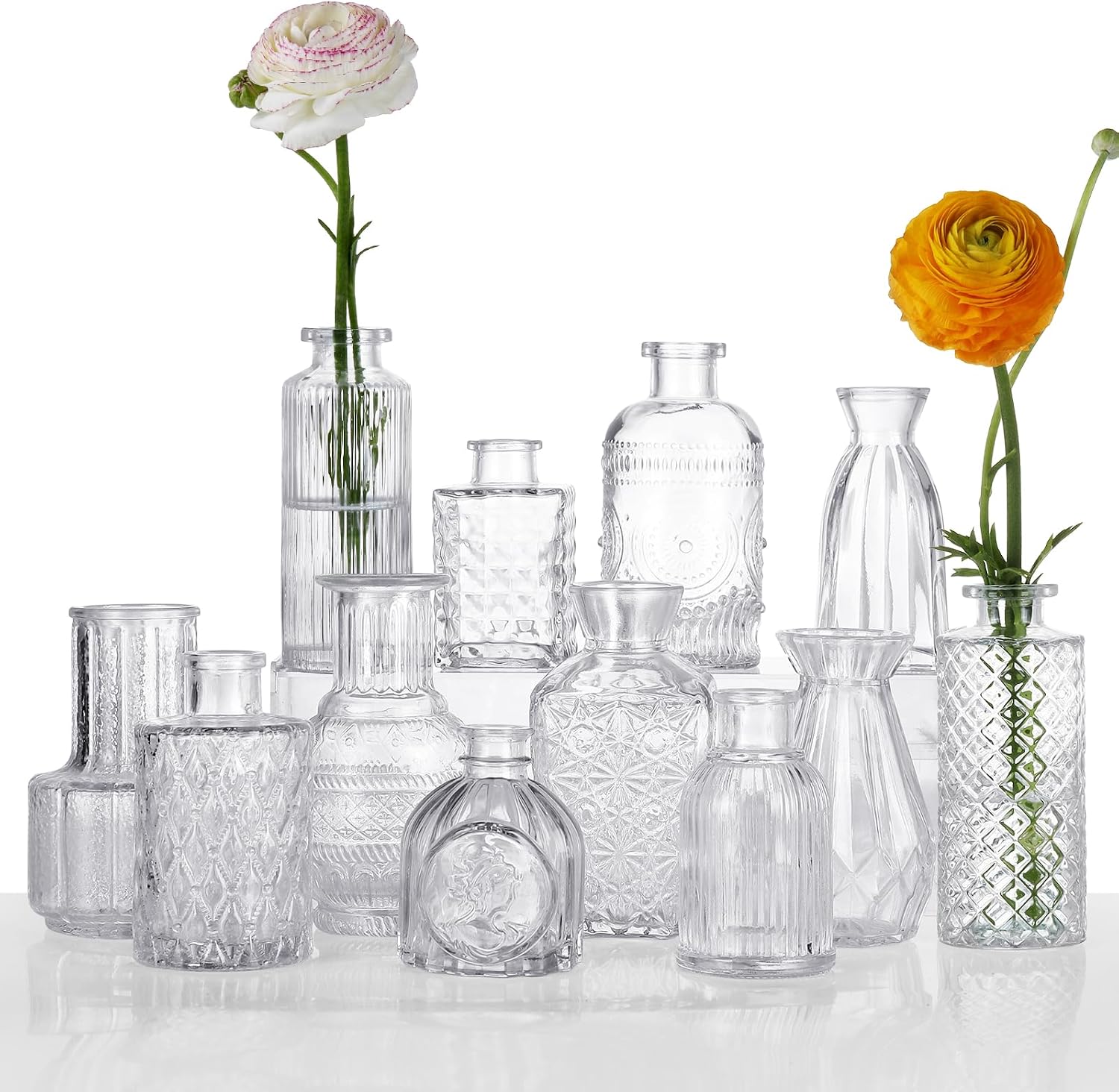 Glass Bud Vases Set of 12, Clear | Vintage Textured, Assorted Shapes, Small Flower Vases, Wedding & Home Decor