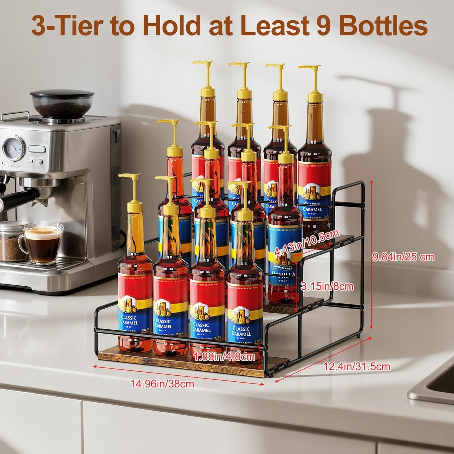 Nuovoware 3-Tier 12 Bottles Coffee Syrup Organizer, Separable Metal Rack with Wooden Base Whiskey Wine Dressing for Bar Countertop Kitchen