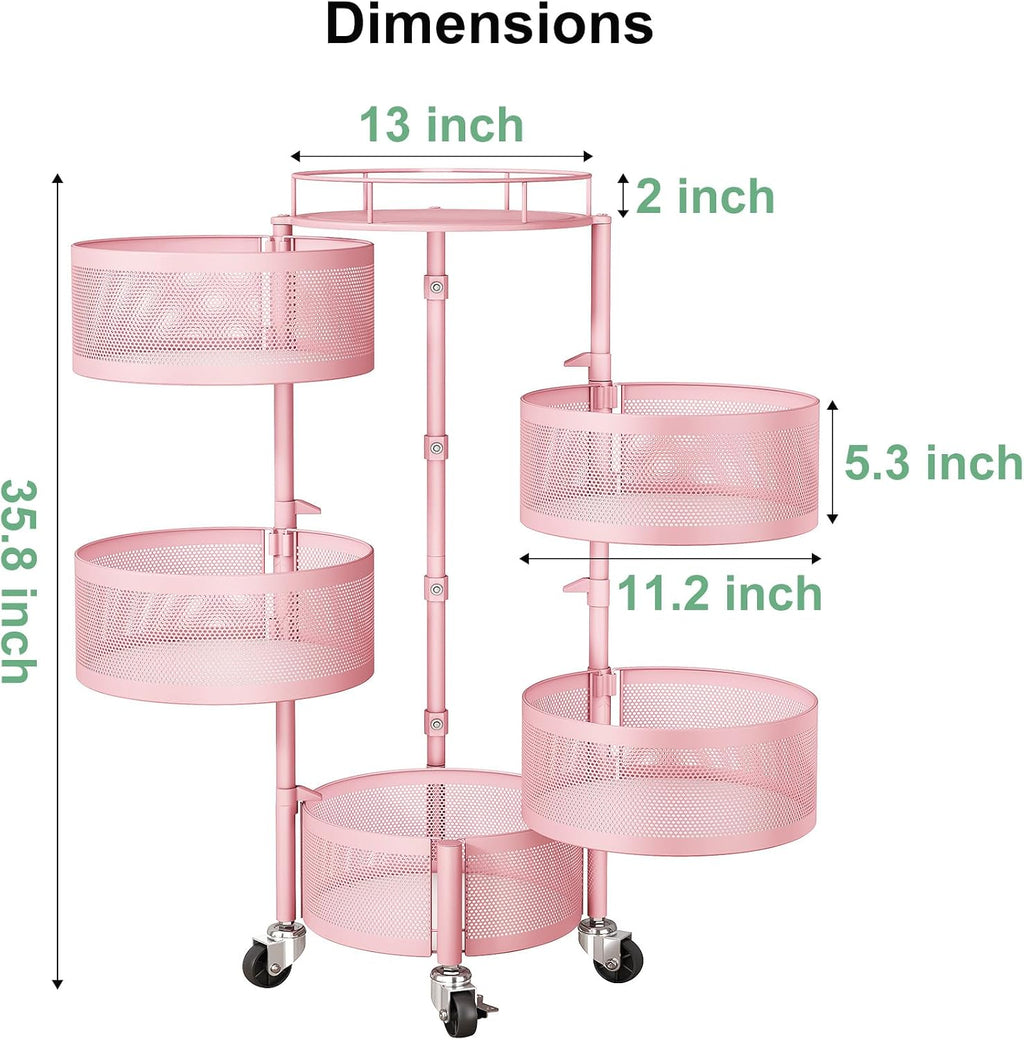SAYZH Fruit Vegetable Basket for Kitchen, Rotating Storage Rack, 5 Tier Rolling Cart with top lid, Large Metal Wire Wheels, Pink