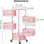 SAYZH Fruit Vegetable Basket for Kitchen, Rotating Storage Rack, 5 Tier Rolling Cart with top lid, Large Metal Wire Wheels, Pink