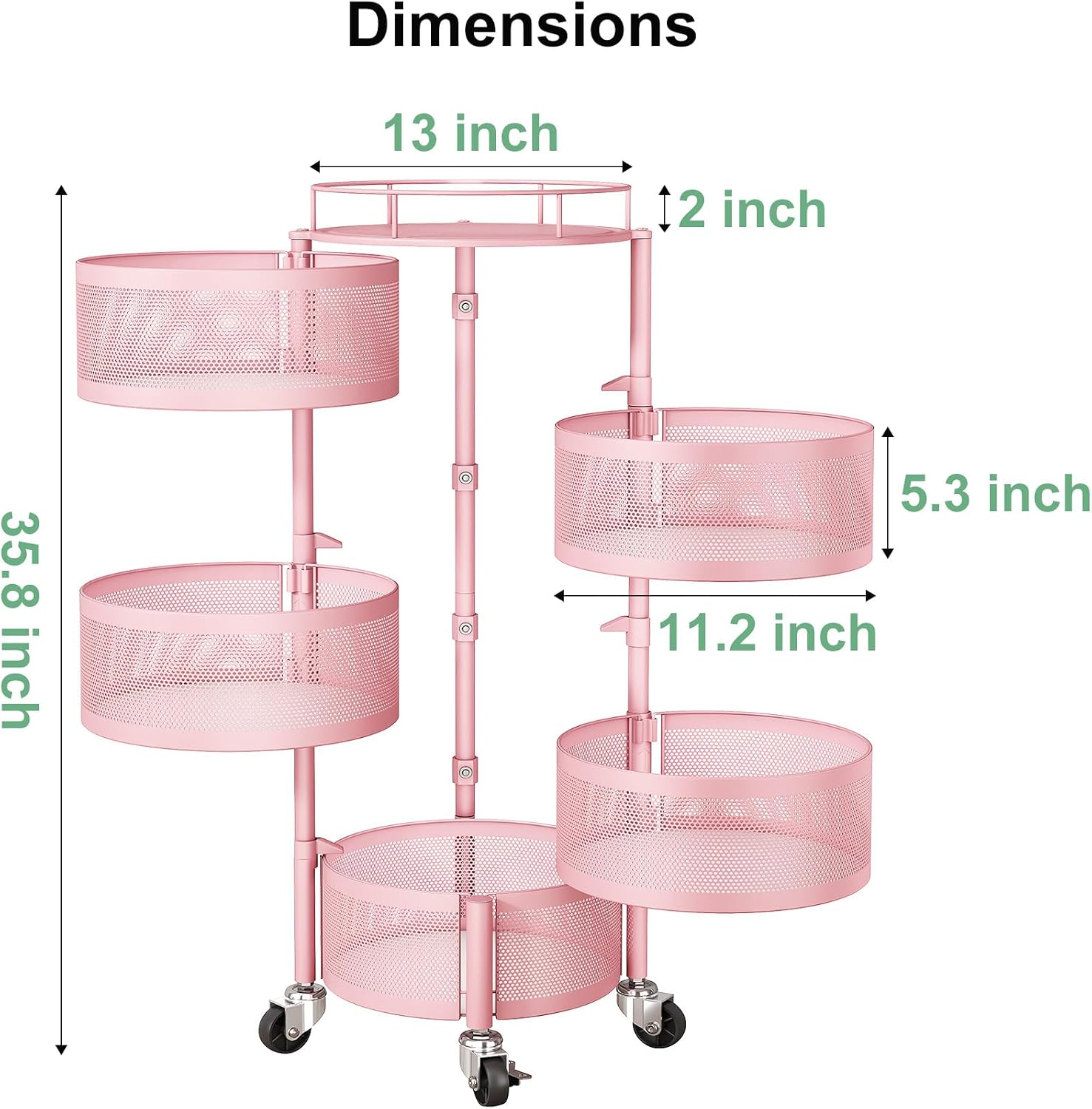SAYZH Fruit Vegetable Basket for Kitchen, Rotating Storage Rack, 5 Tier Rolling Cart with top lid, Large Metal Wire Wheels, Pink