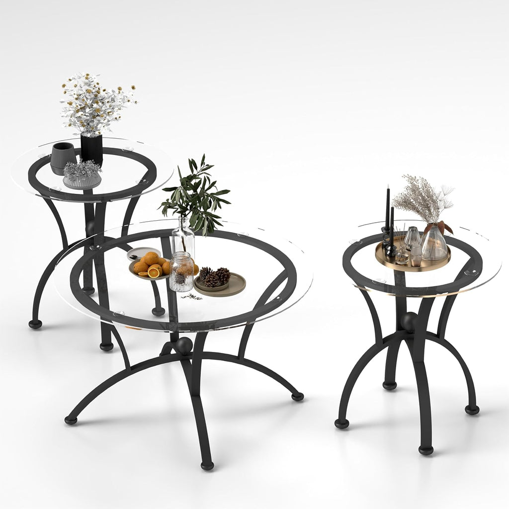 3 Tempered Glass Coffee Table Set, Decor Coffee Table Round End Side Table with Sturdy Construction for Living Room (Rustic Black)