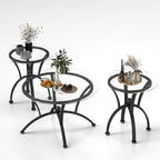 3 Tempered Glass Coffee Table Set, Decor Coffee Table Round End Side Table with Sturdy Construction for Living Room (Rustic Black)