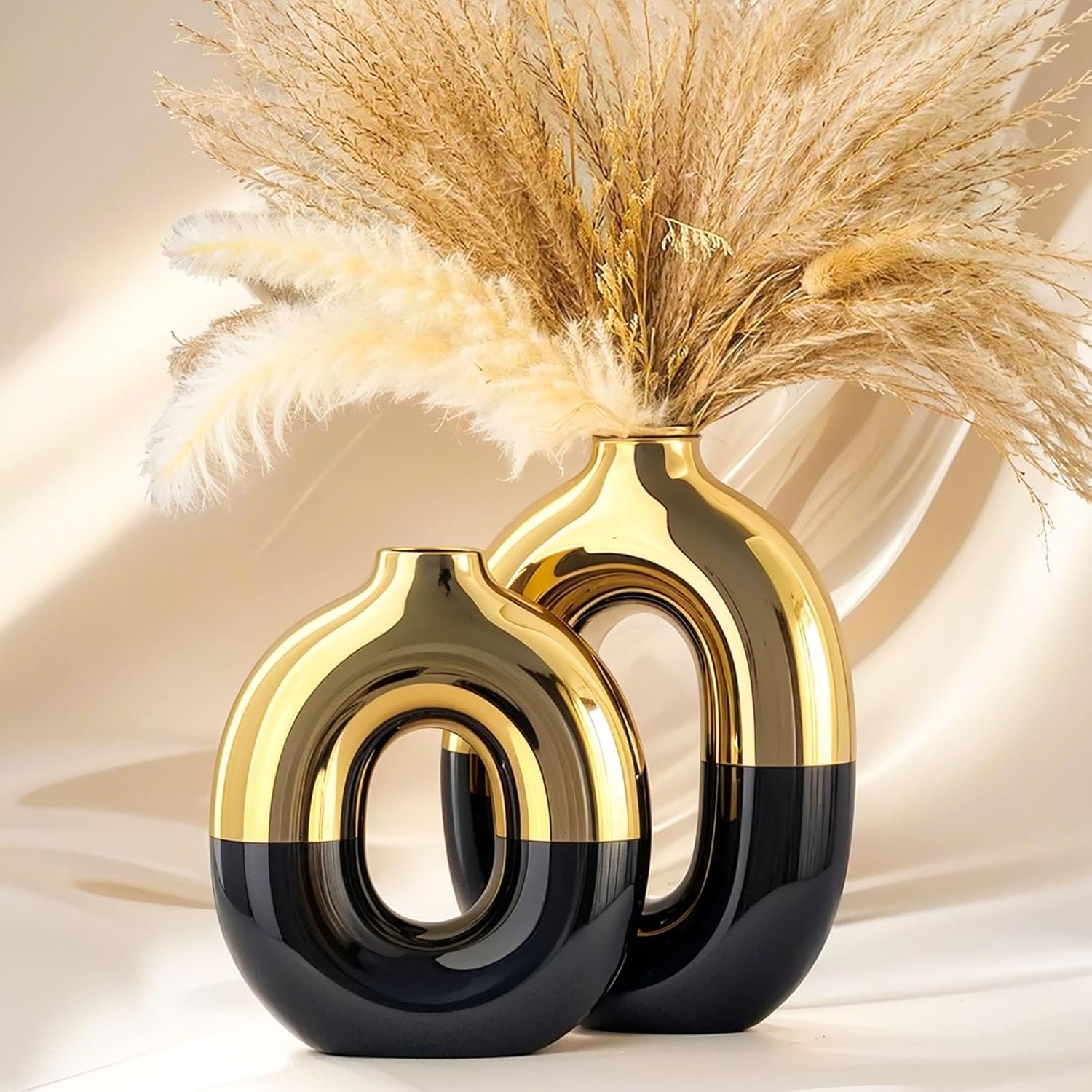 Black and Gold Ceramic Vase Set Home Decor,Round Donut Vase for Pampas Grass for Shelf Decor Home,Nordic Modern Oval for Bookshelf,FireplaceMantle,Centerpieces,Farmhouse,Rustic Décor