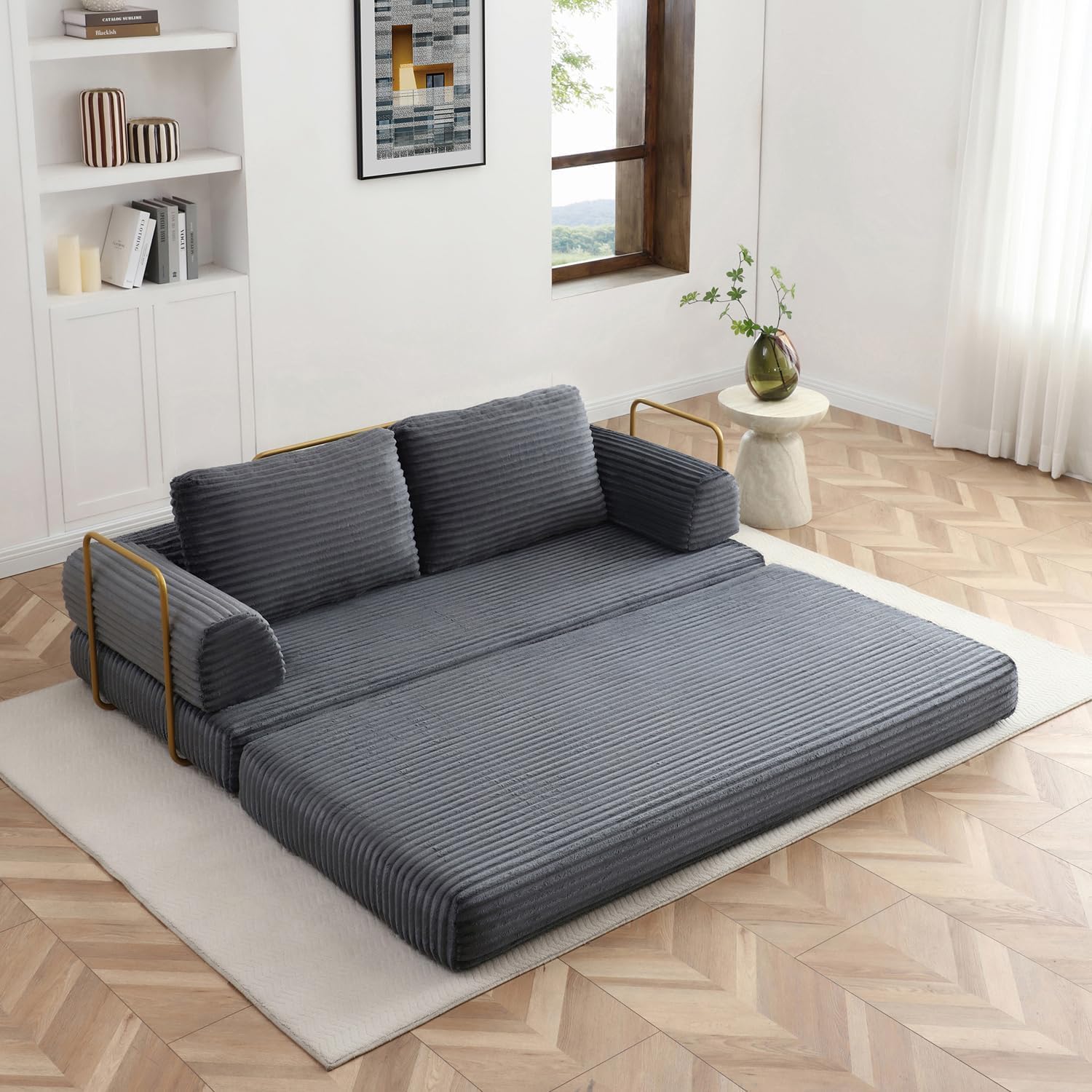 Convertible Folding Sofa Bed, Modern Futon Sleeper Sofa Fold Out Couch Bed with Gold Fixed Frame, Modular Floor Sofas Comfy Corduroy Boneless Couches for Living Room (80" Grey)