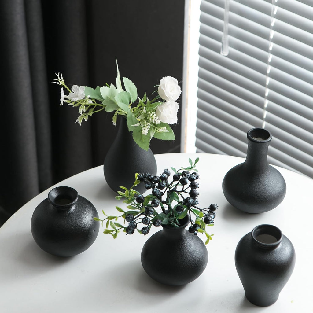 Tanvecle Small Black Vases, Ceramic Bud Vase Set of 5, Mini Pottery Vases for Pampas Grass, Flowers, Decorative Vases for Home Modern Decor, Rustic Decor, Veses for Living Room Dining Table Shelves