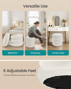 SONGMICS Vanity Stool, Round Ottoman with Storage, Upholstered Foot Stool, Removable Lid, for Living Room, Bedroom, Easy Assembly, 16.9 x 16.9 x 18.5 Inches, Teddy Fleece, White ULOM015WD01