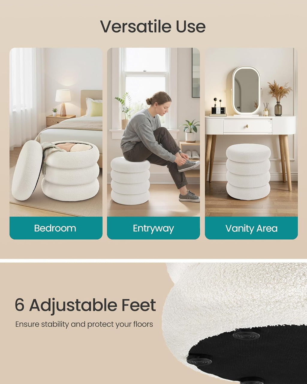 SONGMICS Vanity Stool, Round Ottoman with Storage, Upholstered Foot Stool, Removable Lid, for Living Room, Bedroom, Easy Assembly, 16.9 x 16.9 x 18.5 Inches, Teddy Fleece, White ULOM015WD01