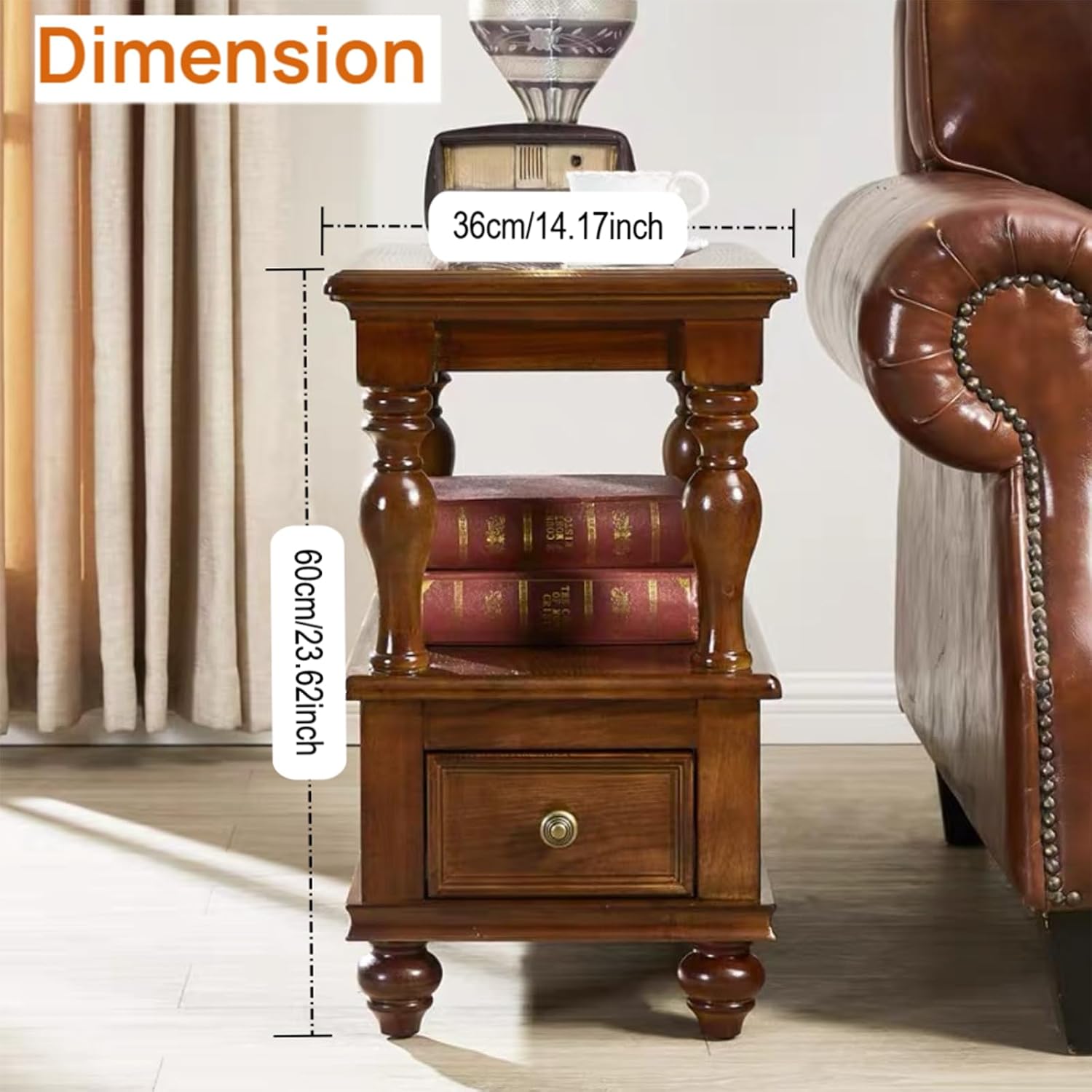 YUNMUAIR-Narrow End Table with Drawer and Storage Shelf Mid Century Side Tables for Living Room Solid Wood Sofa Table 14.17 "W Slim Beside Table Vintage Accent Table for Living Room,No-Tools Assembly