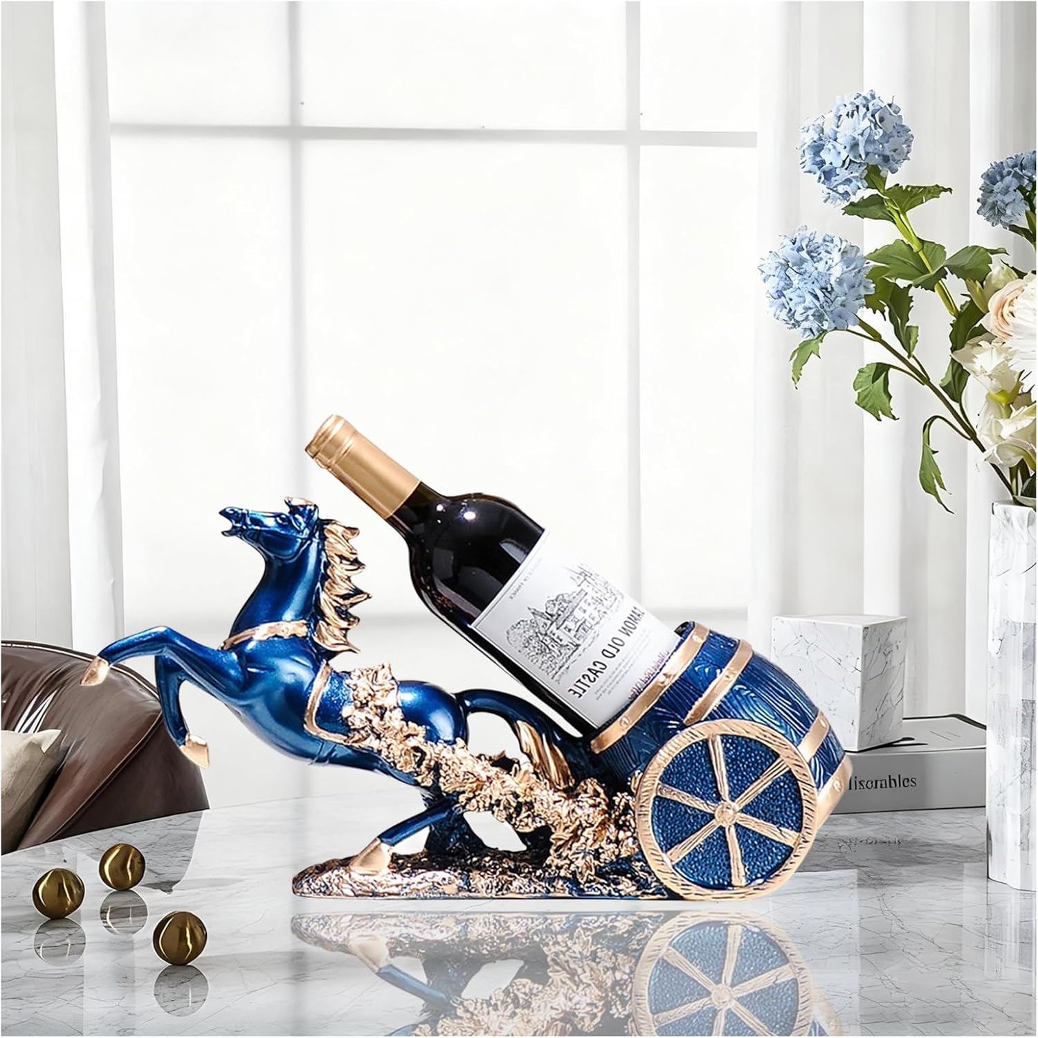 Horse Wine Bottle Holder,Decorative Wine Bottle Display,17.3x8.6x5.5in,Blue | Resin Sculpture Wine Racks Figurines for Kitchen/Cellar/Bar Decor Organizer,Year of the Horse 2026 Gifts for Housewarming