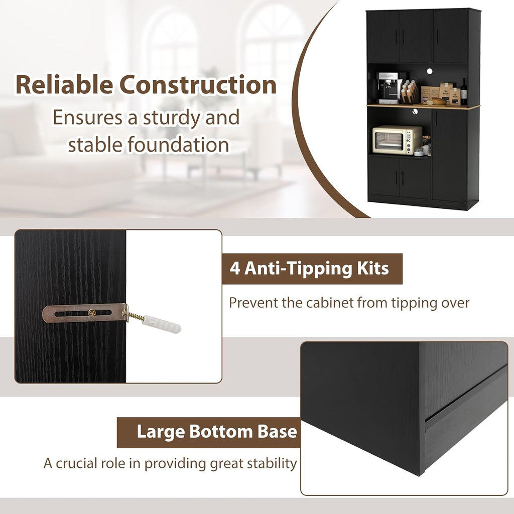 71" Large Kitchen Hutch with Power Outlet, Freestanding Pantry Cabinet with Microwave Shelf, Kitchen Cabinet with Countertop, Dining Room Hutch