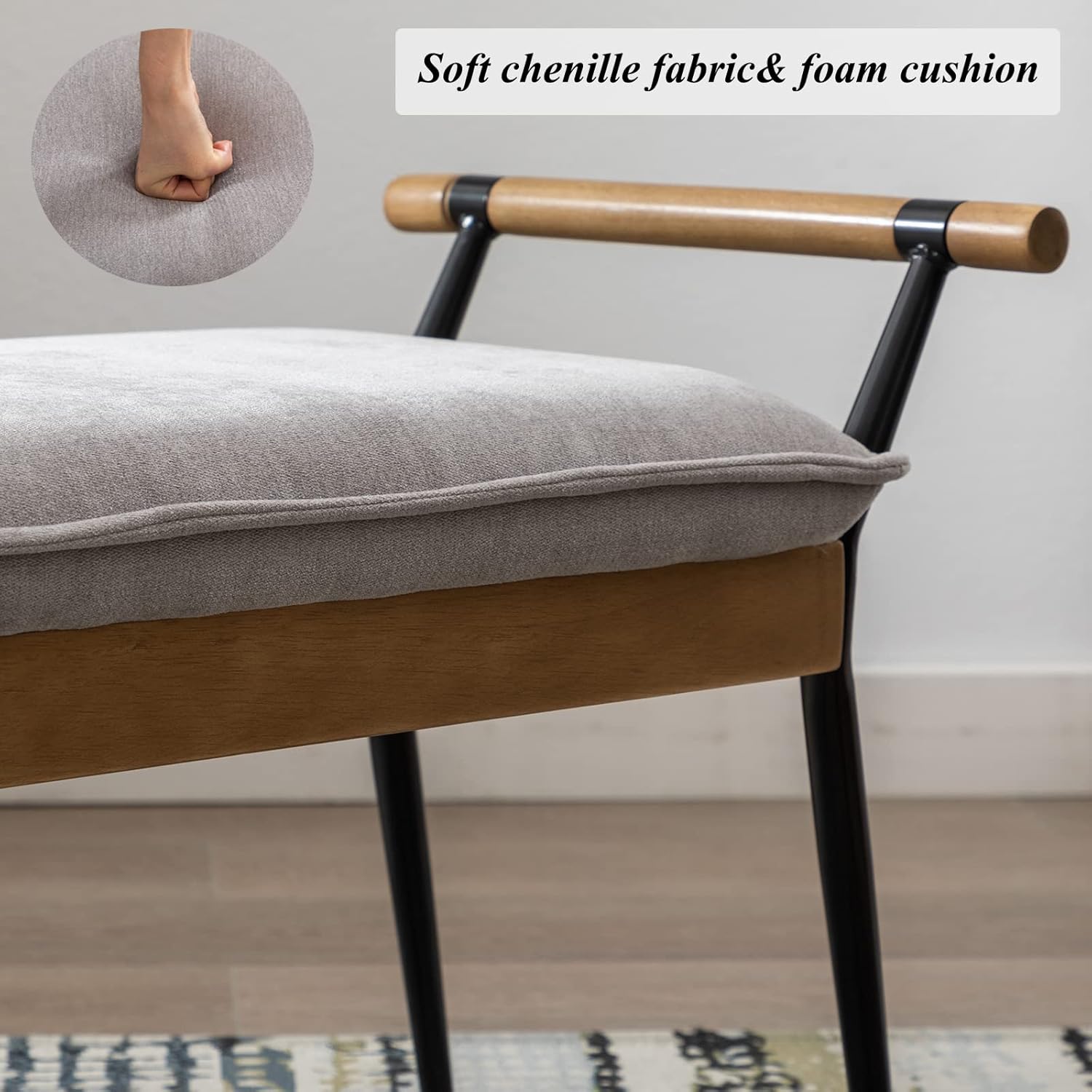DUOMAY Modern Rectangle Ottoman Bench with Arms and Metal Legs, Mid Century Chenille Fabric Dining Table Bench Footstool Entryway Shoe Bench for Dining Room Bedroom Living Room, Grey