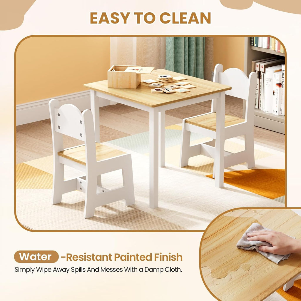 JOYMOR Kids Table and 2 Chairs, Toddler Table and Chair Set, Wooden Activity Table for Children with Chairs, Perfect for Arts, Crafts and Nursery Use, Natural & White