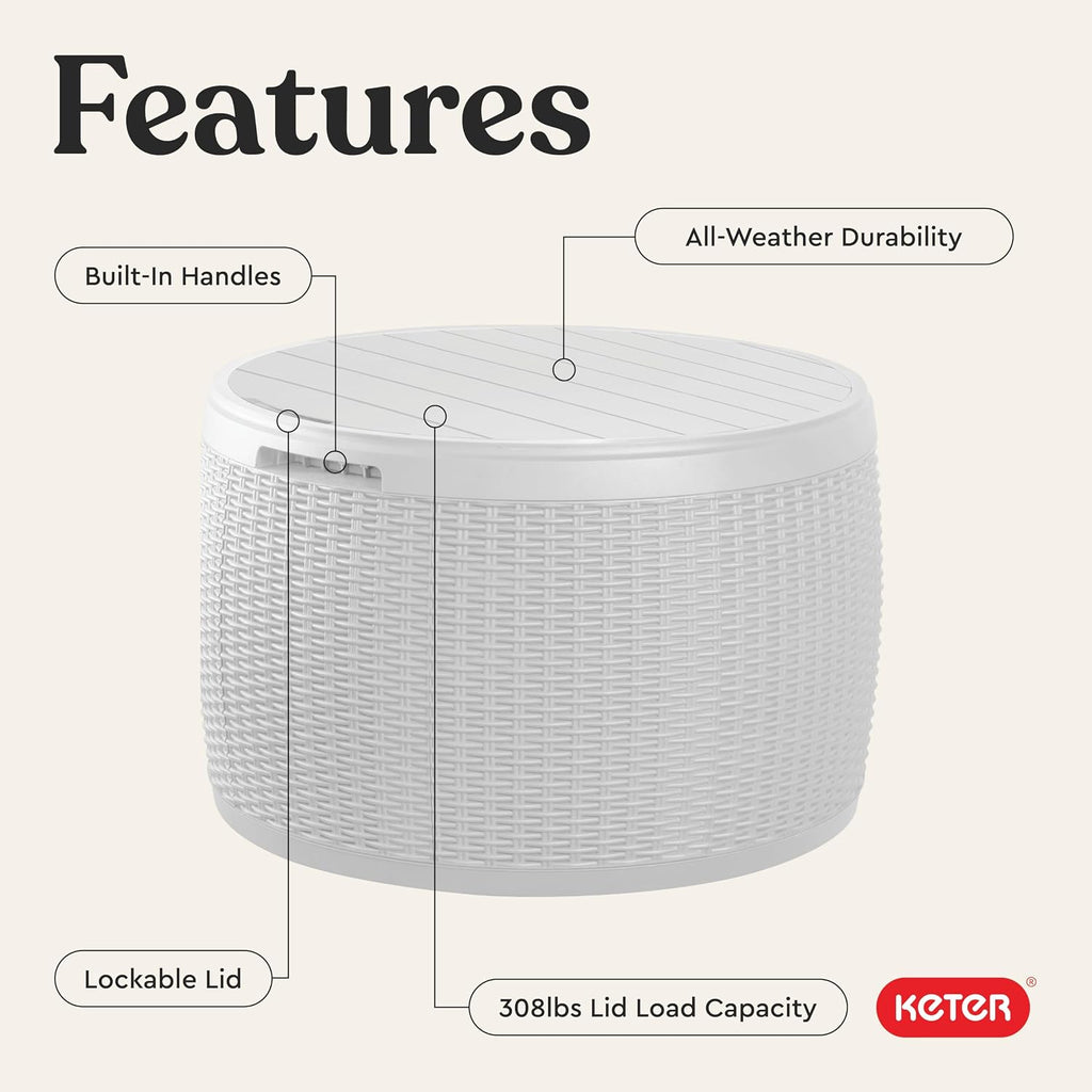 Keter Circa 37 Gallon Resin Deck Box Stool, All-Weather Outdoor Storage Seat with Rattan-Look Finish, Durable Patio Storage Bench for Cushions, Garden Tools, Pool Accessories