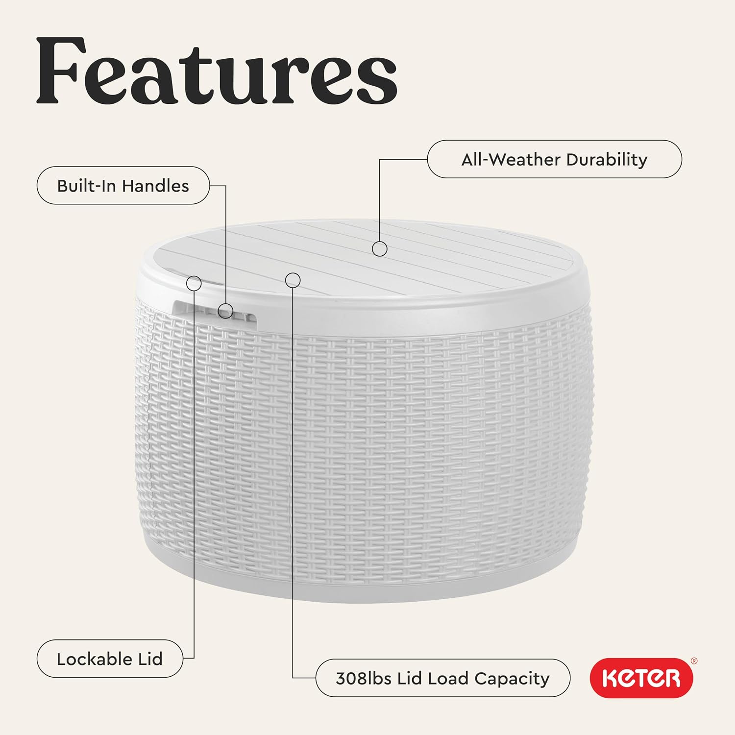 Keter Circa 37 Gallon Resin Deck Box Stool, All-Weather Outdoor Storage Seat with Rattan-Look Finish, Durable Patio Storage Bench for Cushions, Garden Tools, Pool Accessories