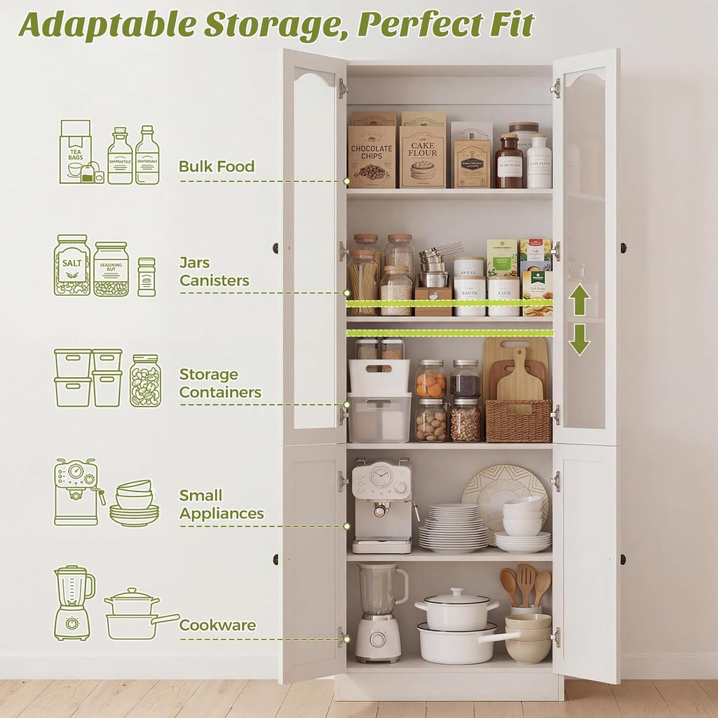 Cyclysio 80" Tall Pantry Cabinet with 4 Doors, White Kitchen Pantry Storage Cabinet with Built-in Baseboard Notch & Adjustable Shelves – Kitchen Storage Cabinet for Dining, Living Room, Office