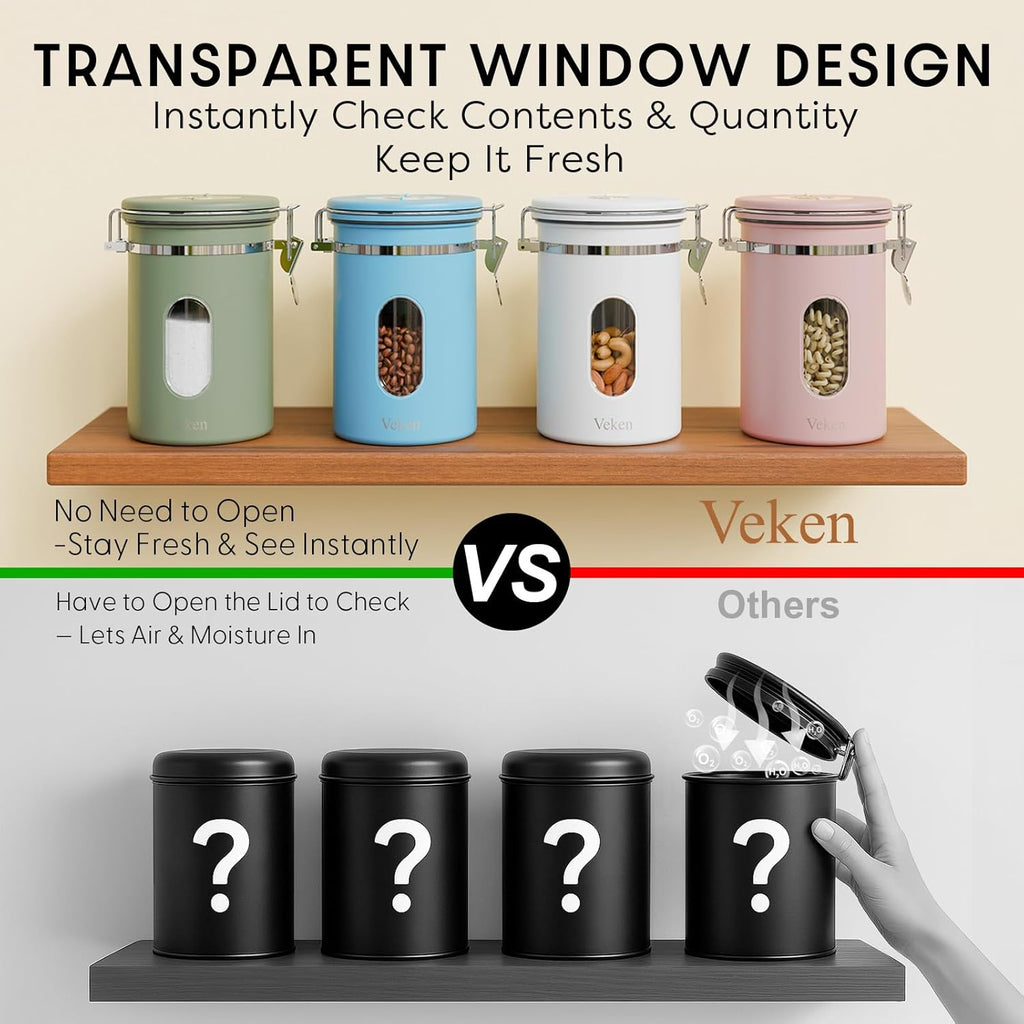 Veken Coffee Canister with Window, Airtight Stainless Steel Kitchen Food Storage Container with Lids, Date Tracker and Scoop for Ground, Beans, Tea, Flour, Cereal, Sugar Jars, 22OZ, Green