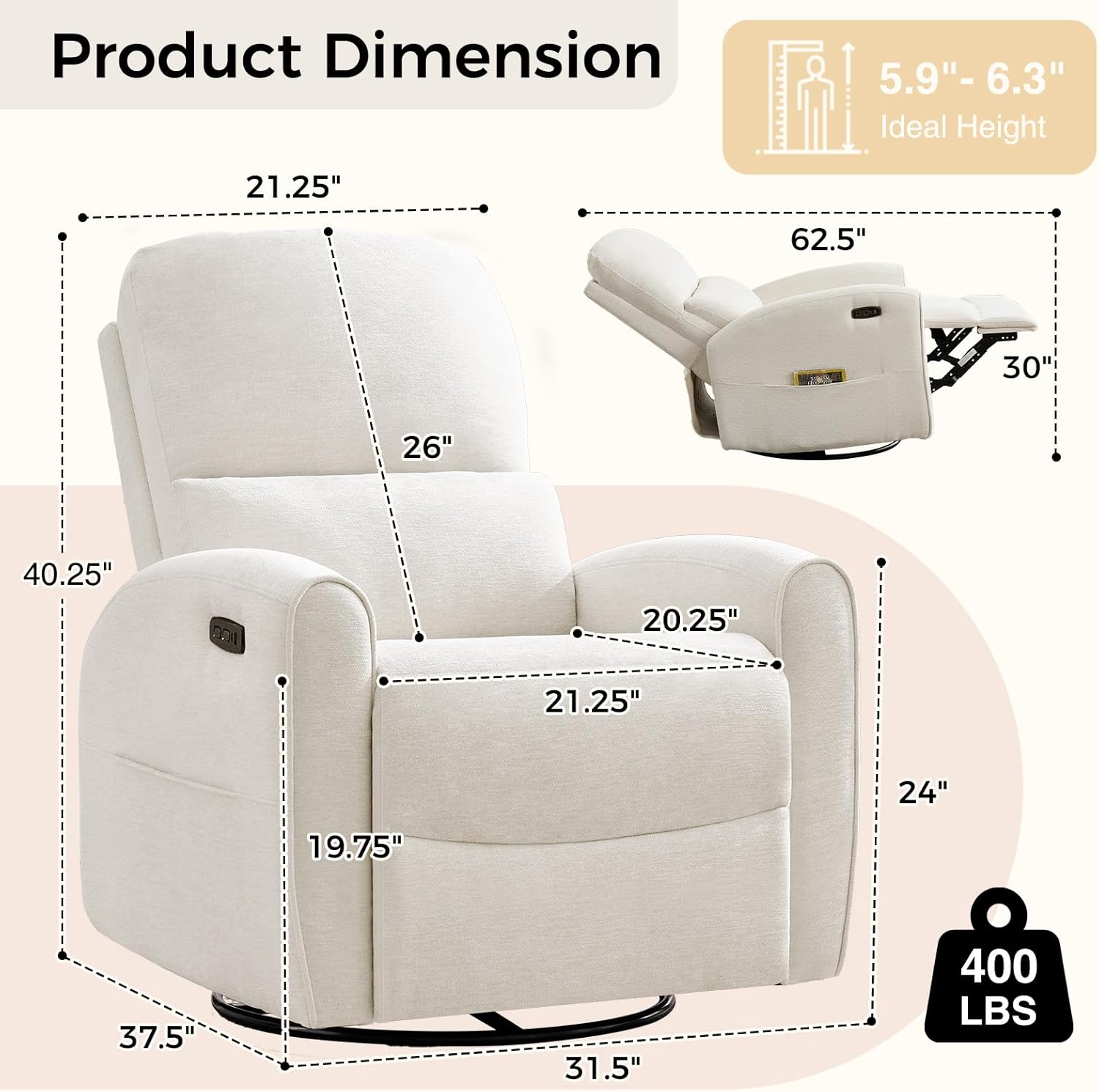 Power Swivel Rocker Recliner, Swivel Glider Nursery Electric Recliner Chair with Lumbar Support, Upholstered Rocking Recling Chairs for Adults Nursery, Living Room, Bedroom, Chenille White