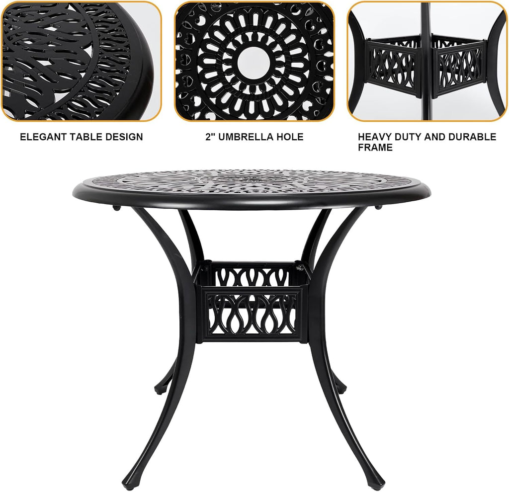 35" Outdoor Dining Table, Cast Aluminum Patio Bistro Table with 2.44" Umbrella Hole, Patio Furniture for Backyard Garden, Black