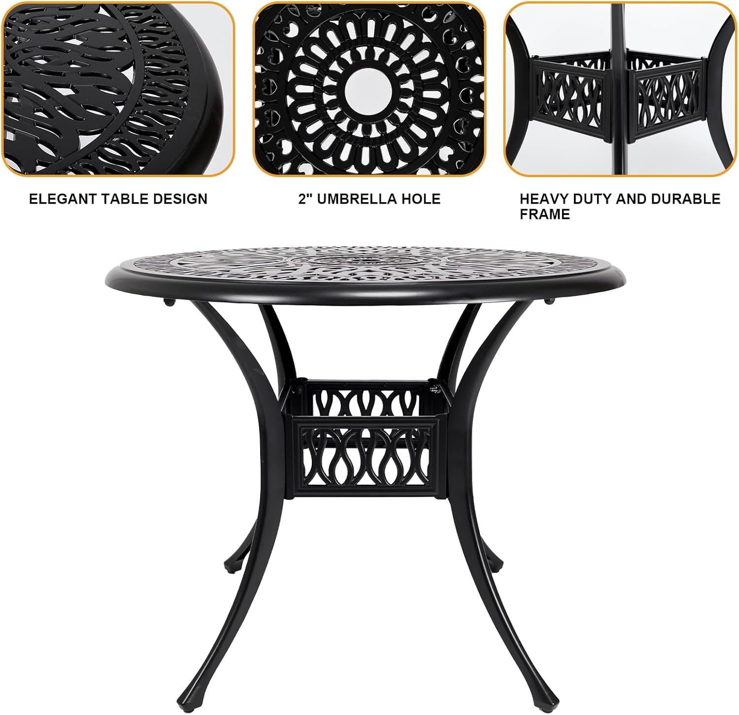 35" Outdoor Dining Table, Cast Aluminum Patio Bistro Table with 2.44" Umbrella Hole, Patio Furniture for Backyard Garden, Black