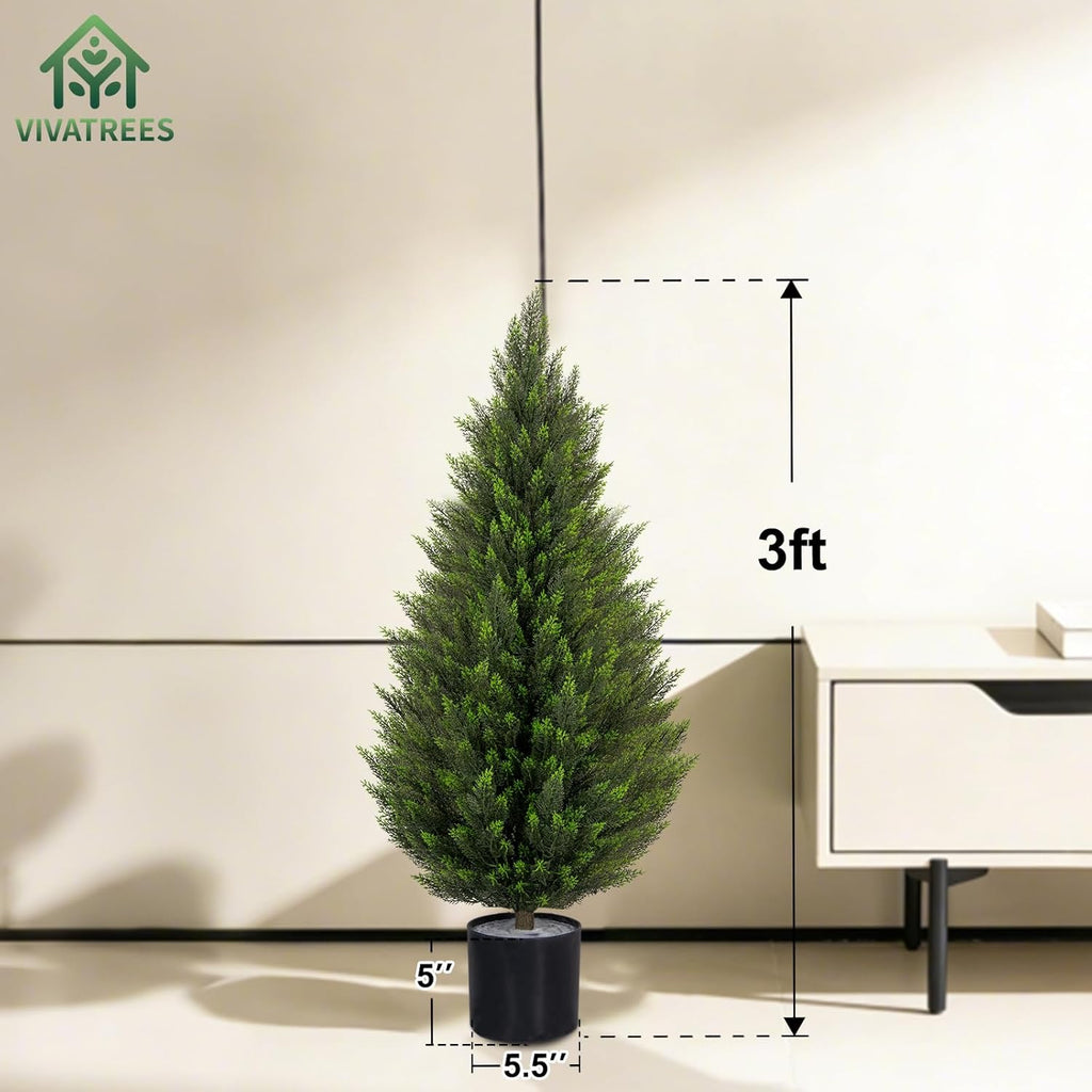 VIVATREES 3FT Artificial Topiary Cedar Trees, UV-Resistant Faux Evergreen Outdoor Plants, Artificial Pine Tree for Outdoor Front Porch Patio Entryway Decor, Set of 2