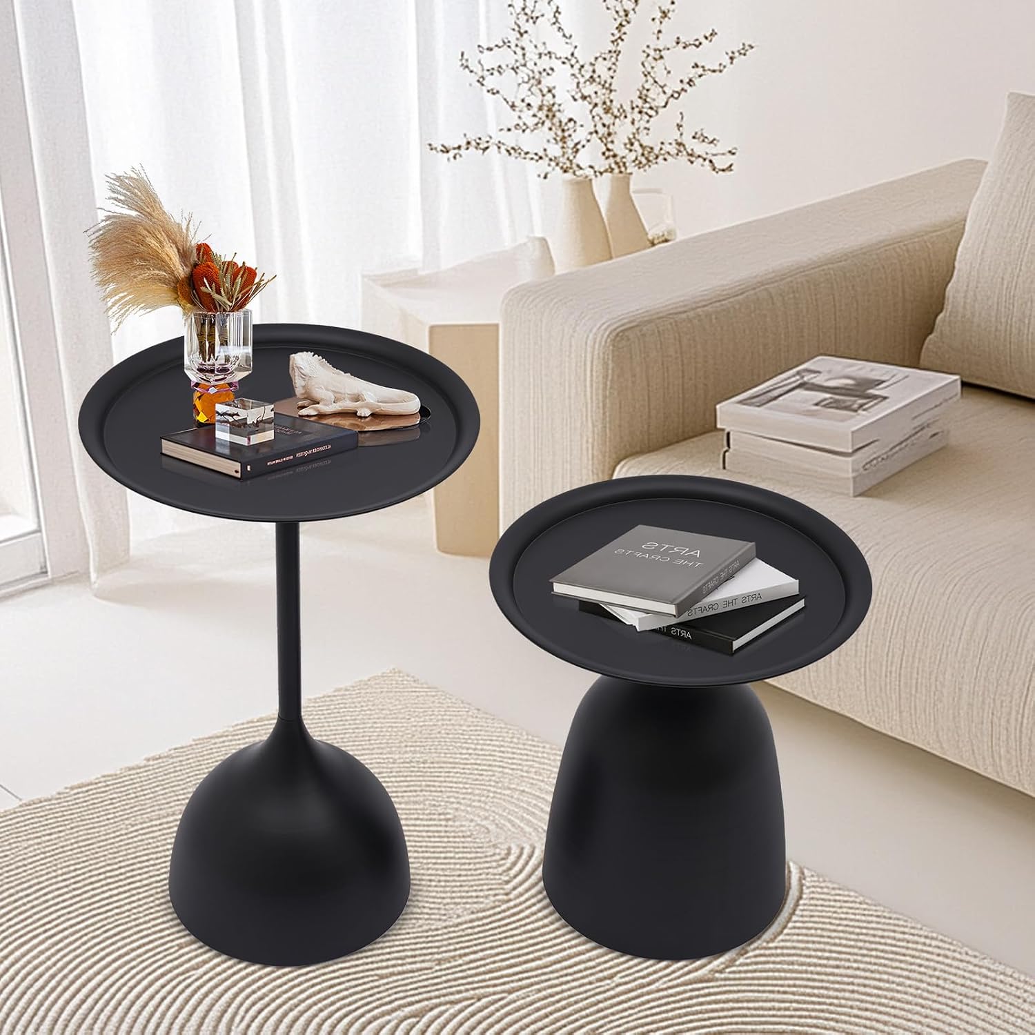Round Side Table Set of 2, Metal End Tables for Living Room, Modern Table Bedside with Sturdy Iron Frame, Small Accent Tables Coffee Table for Bedroom, Office, White/Black (Black)