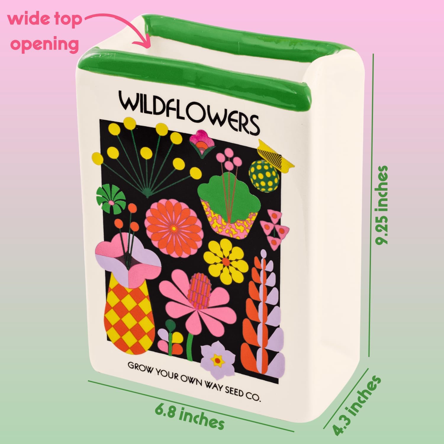 ban.do Ceramic Flower Vase, Wildflower Seeds | Unique Decorative Vase Shaped Like Seed Packet, Colorful Shelf Decor and Organization for Home or Office