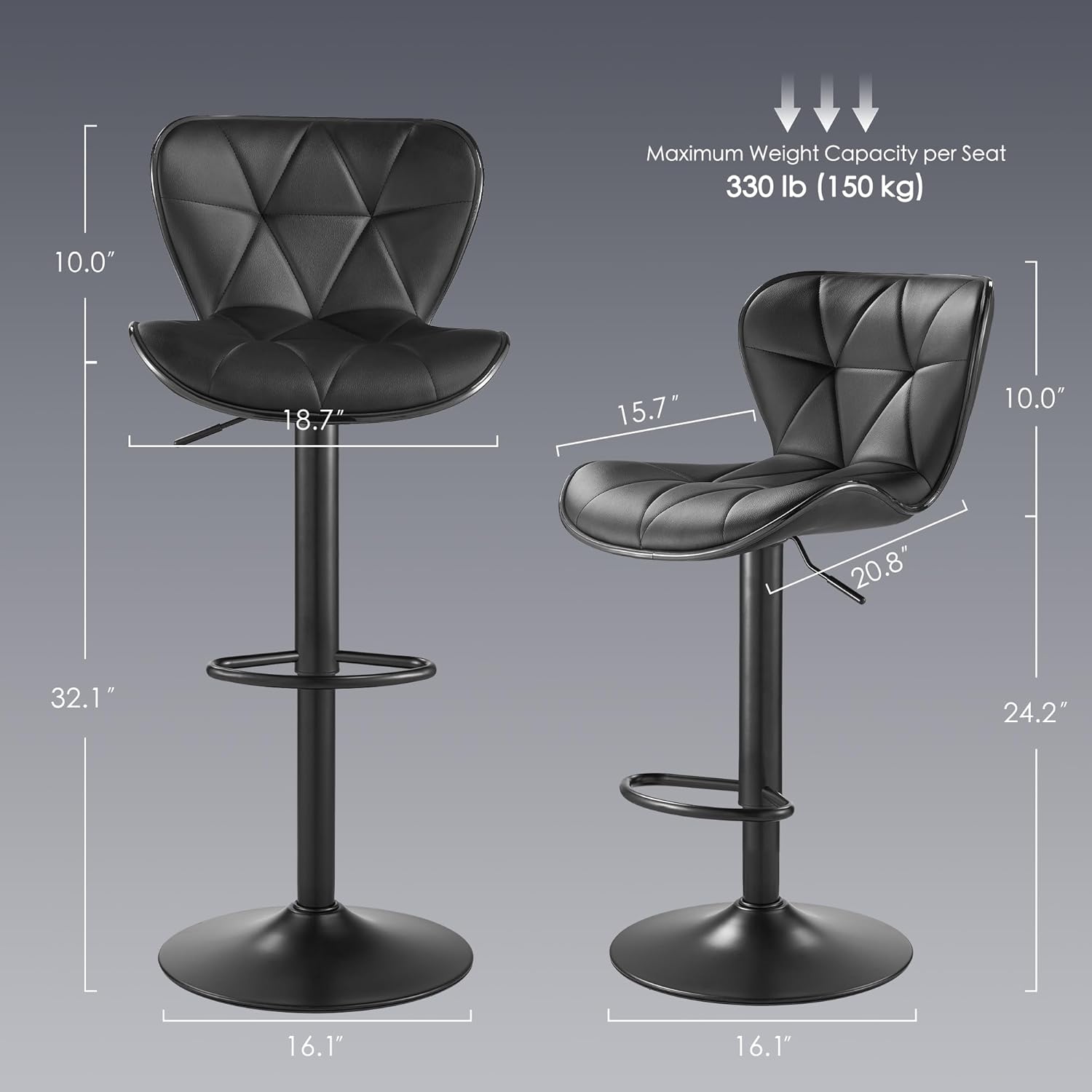 Bar Stools Set of 2, Modern Swivel Counter Height Bar Stools, Adjustable PU Leather Bar Chairs with Backrest, Upholstered Armless Bar Height Stools, Island Chairs for Kitchen Counter, Black