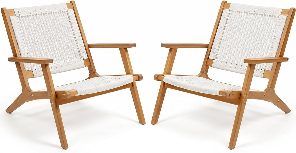 Devoko Patio Chairs, Adirondack Chairs Set of 2, Acacia Wood Outdoor Chairs with Woven Rope Seat for Porch, Poolside, Backyard, Beige