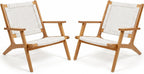 Devoko Patio Chairs, Adirondack Chairs Set of 2, Acacia Wood Outdoor Chairs with Woven Rope Seat for Porch, Poolside, Backyard, Beige