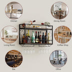 Wine Rack Wall Mounted 2 Tier Wall Wine Rack with Glass Holder, Double Layer Anti-Drop Crossbar, 31.5" Metal Wood Wall Mount Wine Holder for Home Kitchen Dining Room Coffee Shop Bar, Black