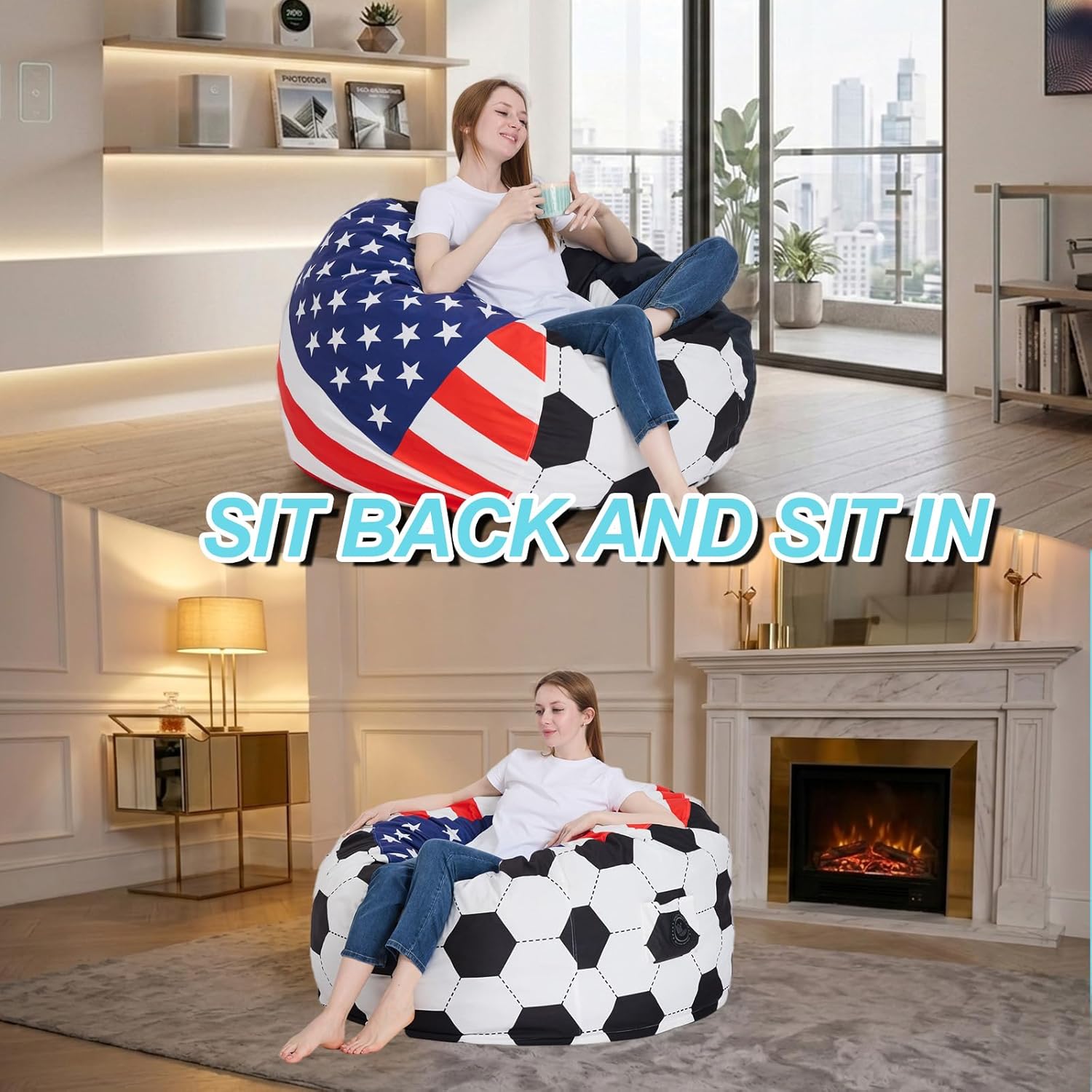 4FT Soccer Football Bean Bag Chair with Printed Flag Bean Bag Cover for Adults&Kids,2026 World Cup USA Fan Large Memory Foam Beanbags Ideal for Game Day & Living Room Bedroom