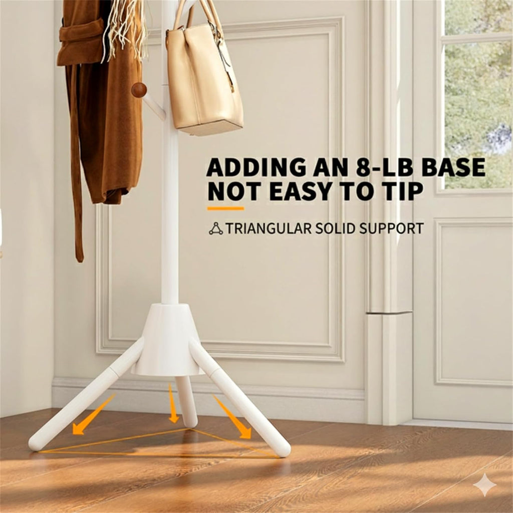 Heavy Duty Coat Rack, 8-Hook Freestanding Metal Clothes Tree Stand for Entryway, Hallway, Bedroom - Sturdy Triangle Base, Non-Tipping, Space Saving, White