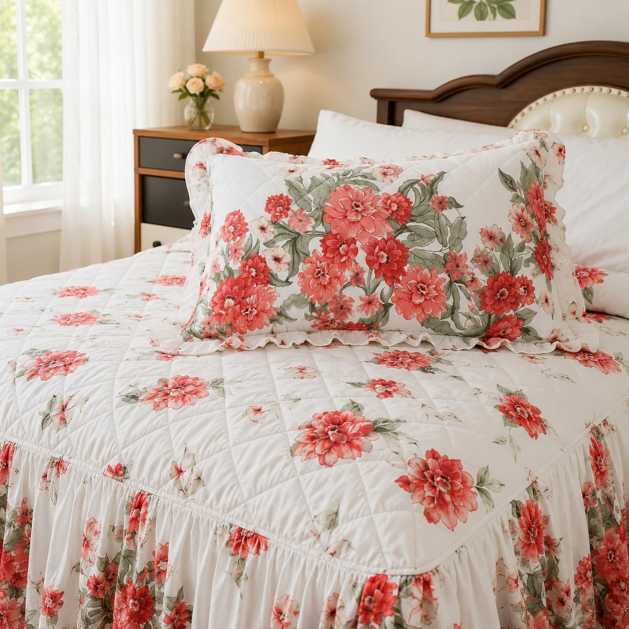 100% Cotton Ruffled Bed Skirt with 21 Inch Drop, Dust Ruffle for Twin XL, Full, Queen and King Size Beds, Wrinkle Free Floral Bed Skirt, Elegant Bedspread Set with Pillow Sham