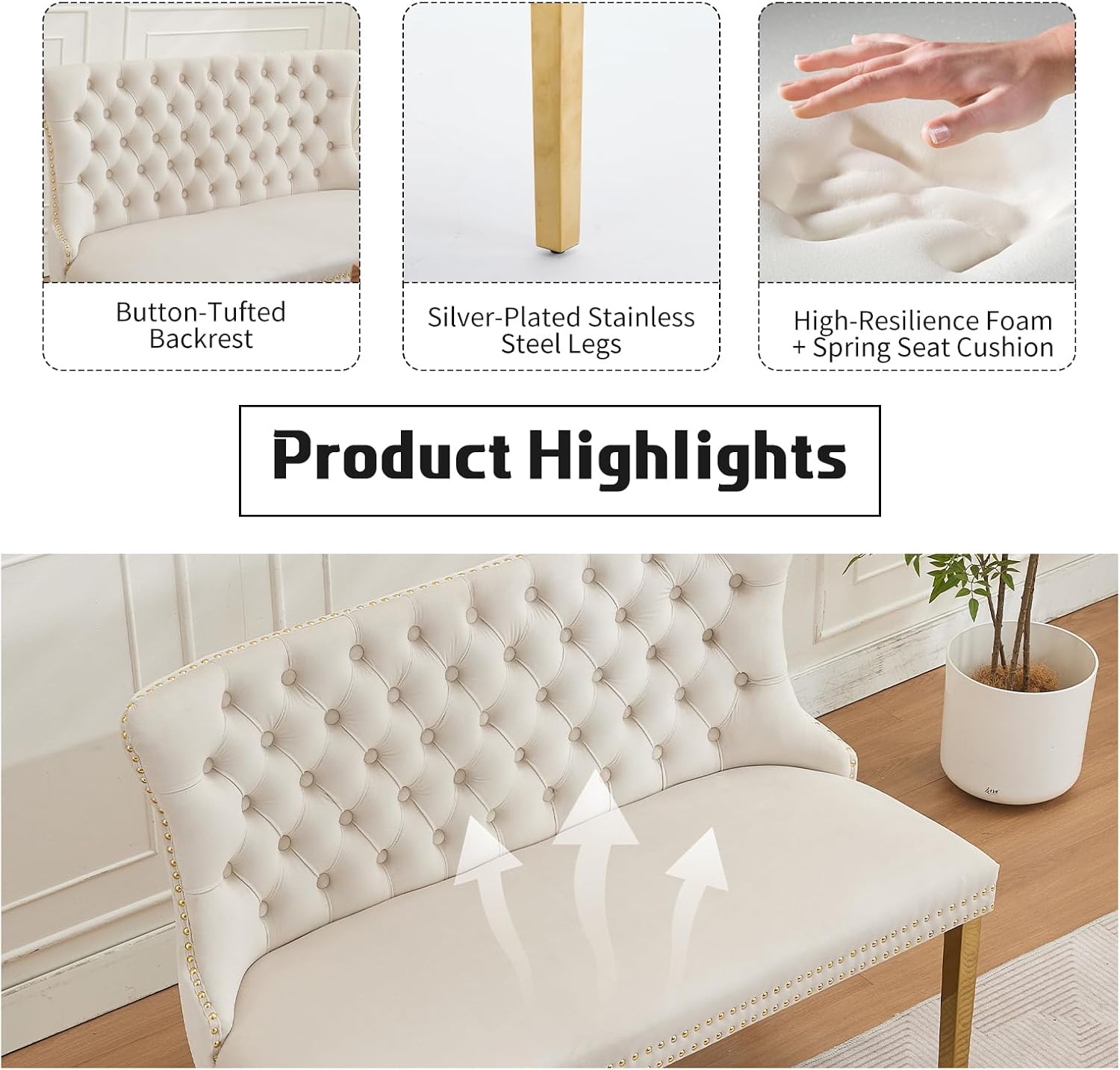 Shenyon Velvet Upholstered Dining Bench with Back, Tufted Loveseat Bench with Gold Stainless Steel Legs and Nailhead Trim, Banquette Seating for Dining Room, Kitchen, Entryway (Beige, Dining Bench)
