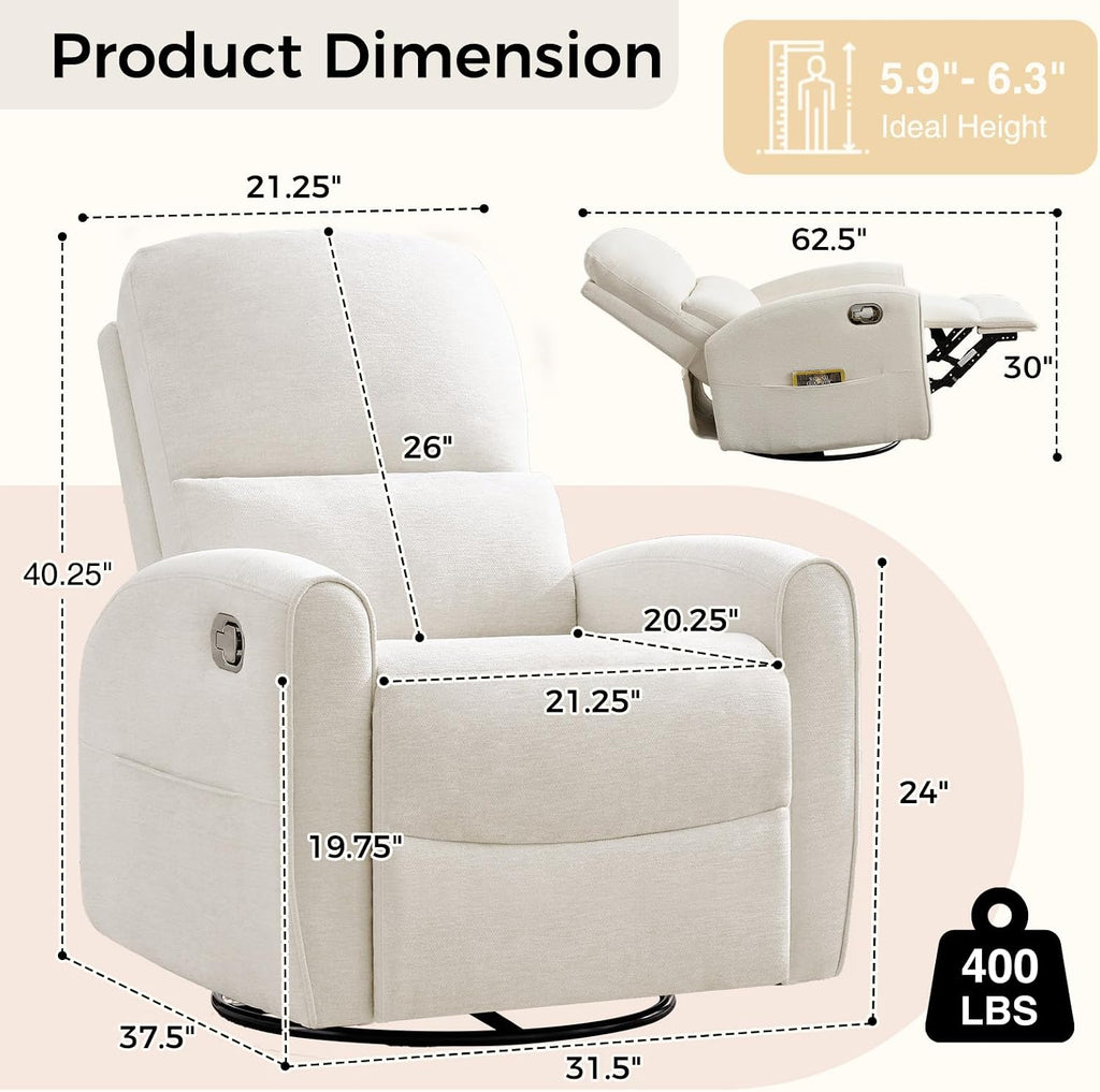 Swivel Rocker Recliner, Manual Swivel Glider Nursery Recliner Chair with Adjustable Headrest and Lumbar Support, Rocking Recling Chairs for Small Space, Living Room, Bedroom, Chenille White