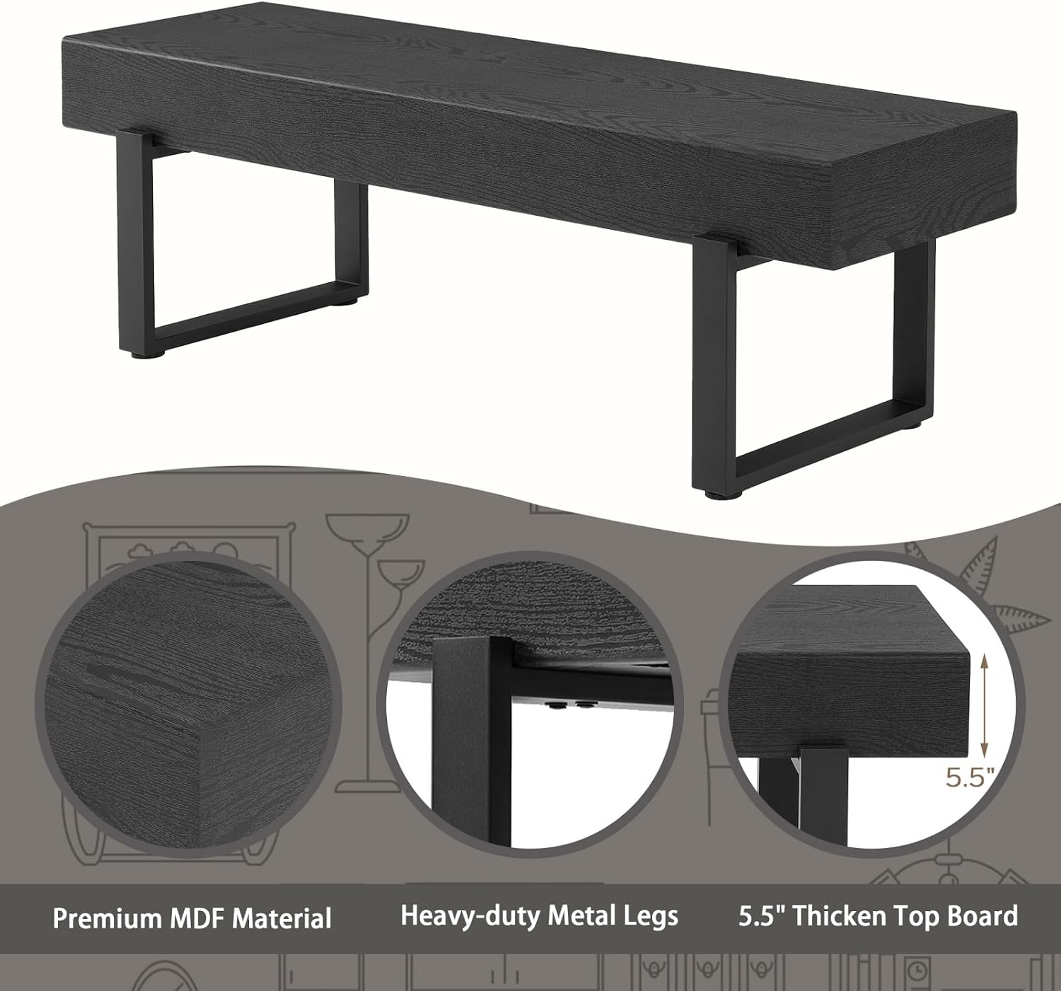 59" Wood Bench for Bedroom End of Bed, Farmhouse Indoor Kitchen Table Benches,Versatile Modern Shoe Bench for Entryway, Black