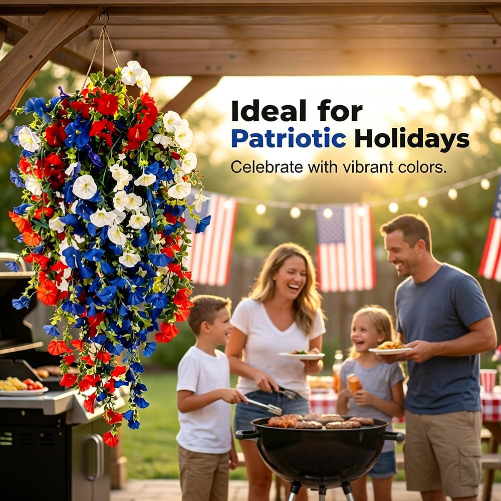 4th of July Decoration Tricolor Patriotic Artificial Flower, Red White and Blue Hanging Flowers for 250th Independence Day Decor, Artificial Hanging Flowers for Window Decorations (LED Flower)